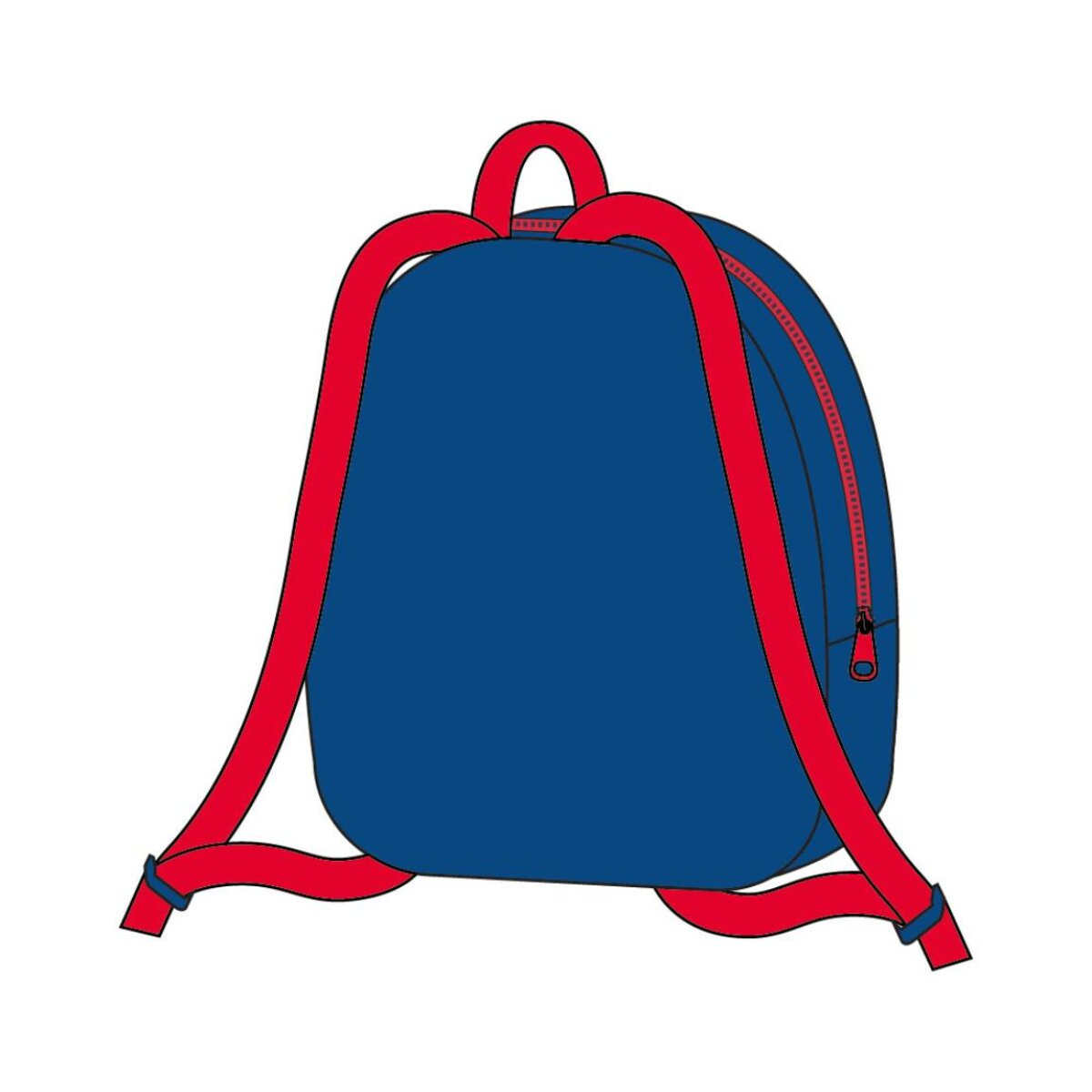 Ein blauer Rucksack mit roten Trägern und einem roten Reißverschluss. Die Tasche befindet sich auf weißem Hintergrund.