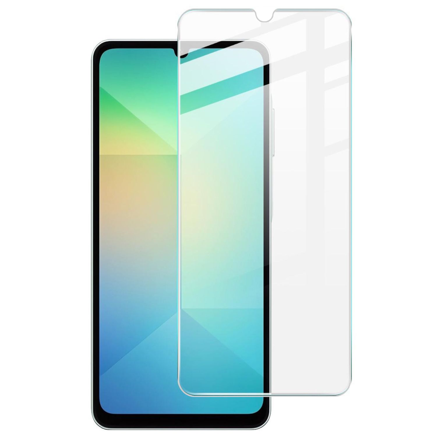 Uno smartphone con una protezione per lo schermo. Lo schermo ha una sfumatura di colori e la protezione è trasparente.