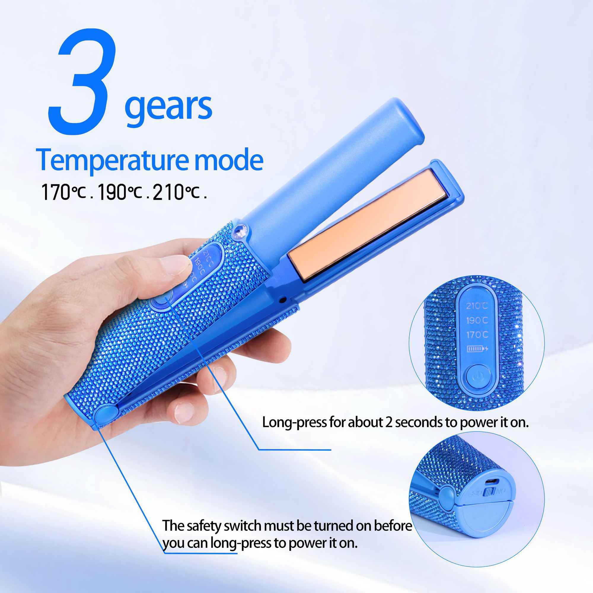 Ein blaues Glätteisen wird in einer Hand gehalten. Zu den Merkmalen gehören Temperatureinstellungen, ein Ein-/Ausschalter und ein Sicherheitsschalter.