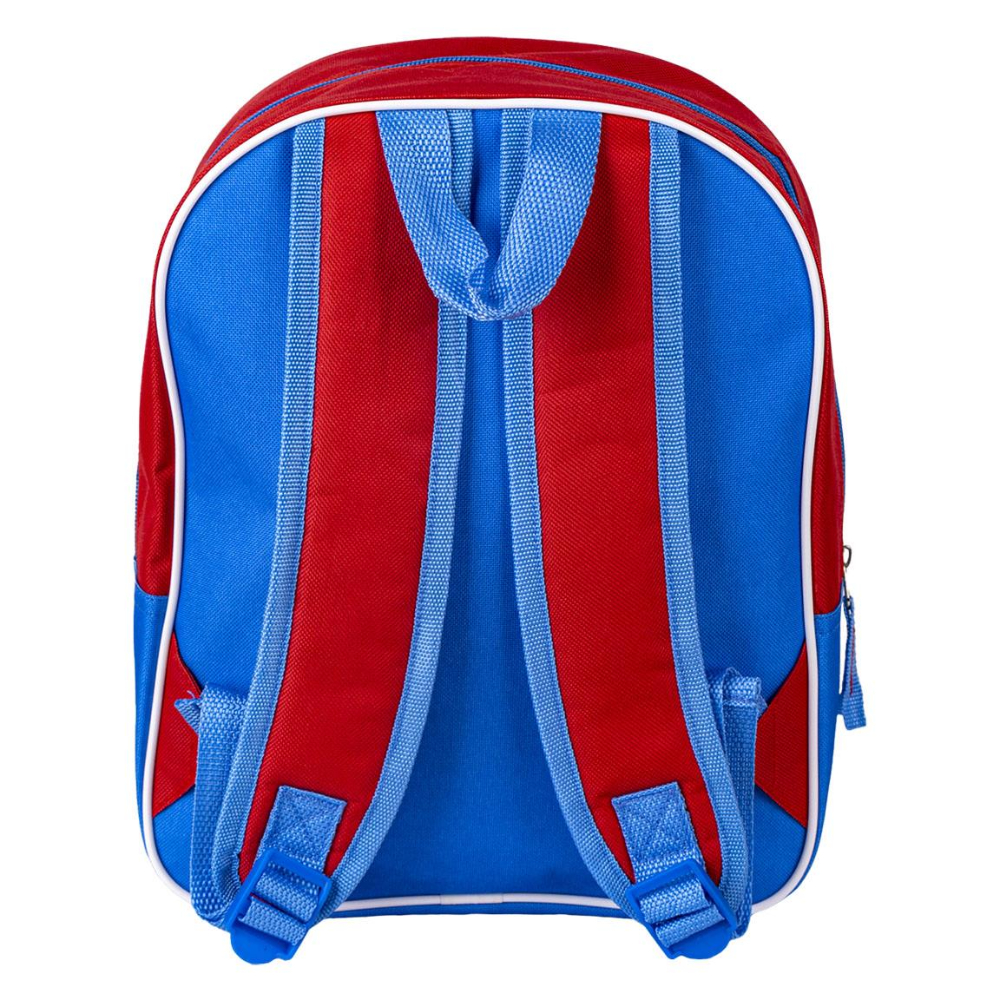 Ein rot-blauer Rucksack mit weißer Umrandung. Blaue Träger und ein Reißverschluss sind sichtbar. Die Rückseite ist hauptsächlich blau.