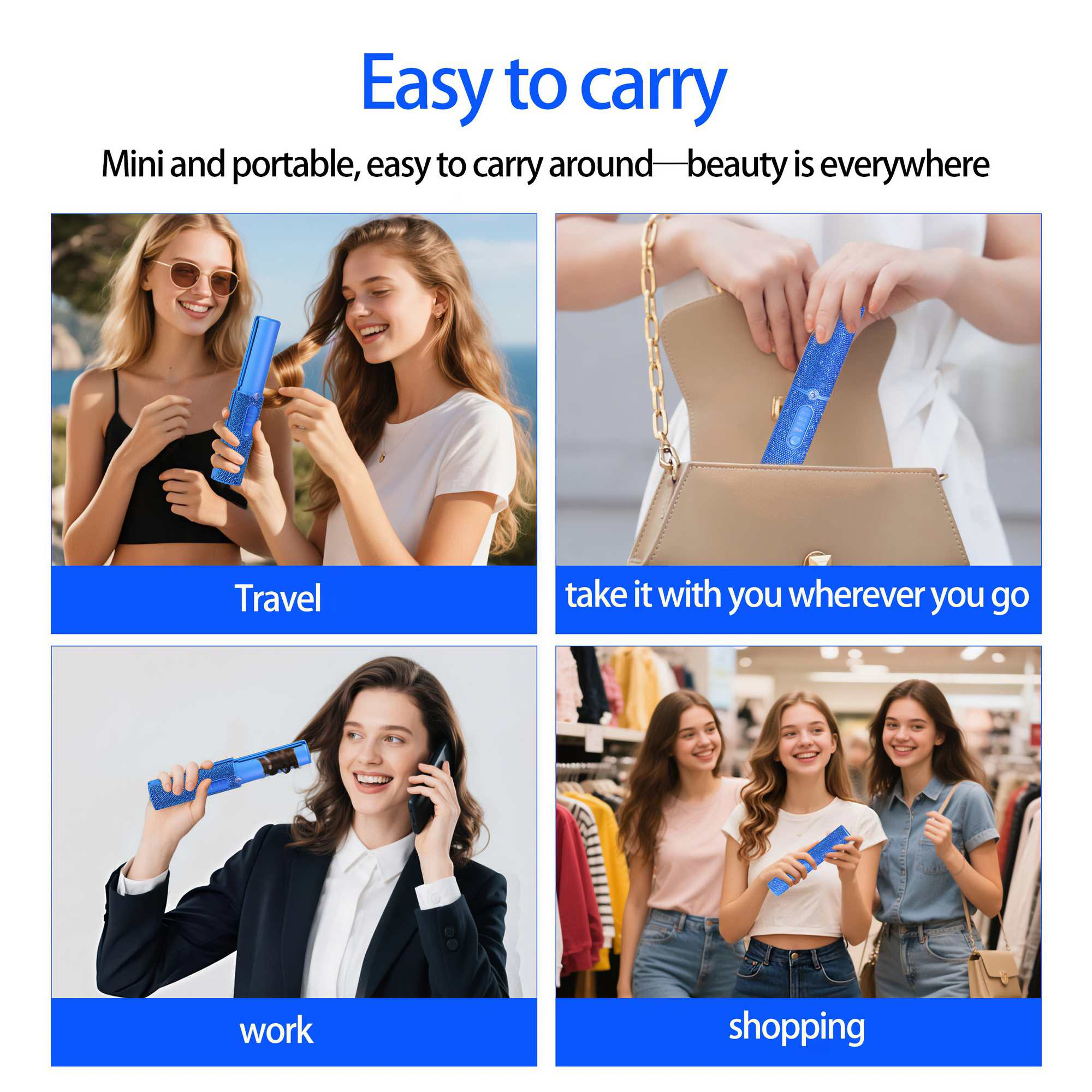 Das Bild zeigt ein Haarstyling-Tool, das von Frauen in verschiedenen Umgebungen verwendet wird. Text bewirbt die Tragbarkeit des Tools.