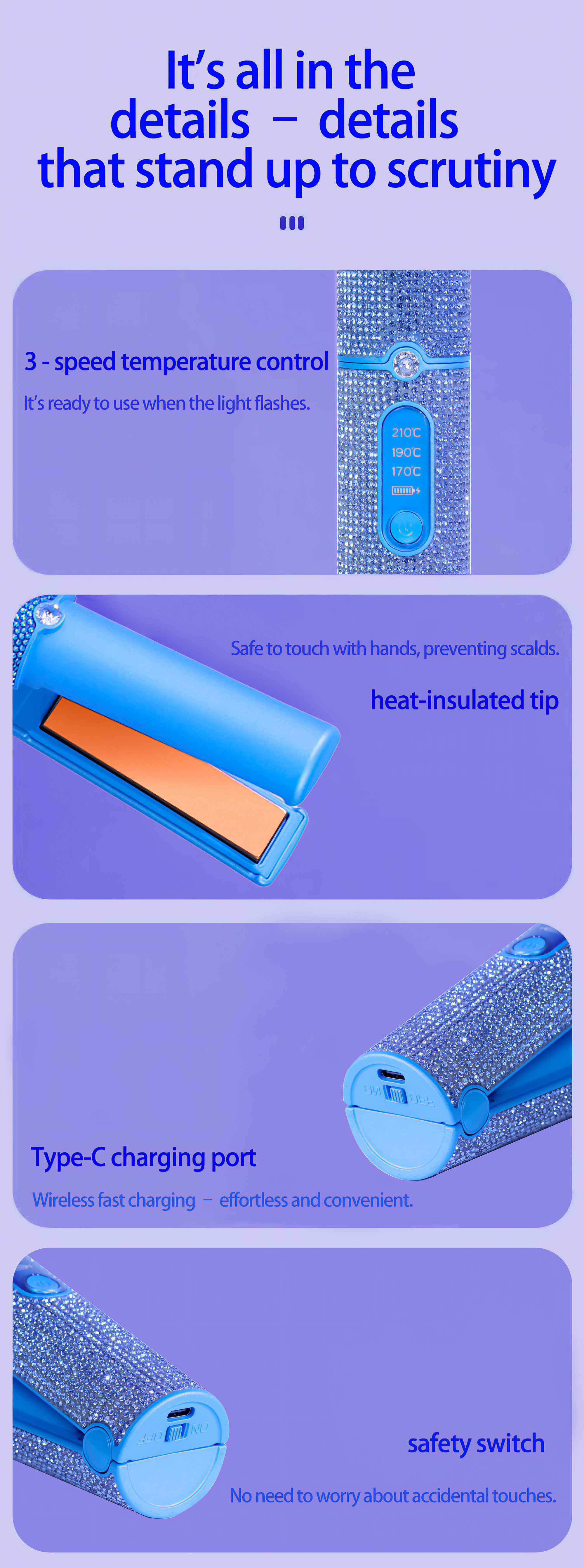Ein blau-silberner, mit Strass besetzter Haarglätter wird mit Details zu seinen Funktionen wie der Temperaturregelung gezeigt.
