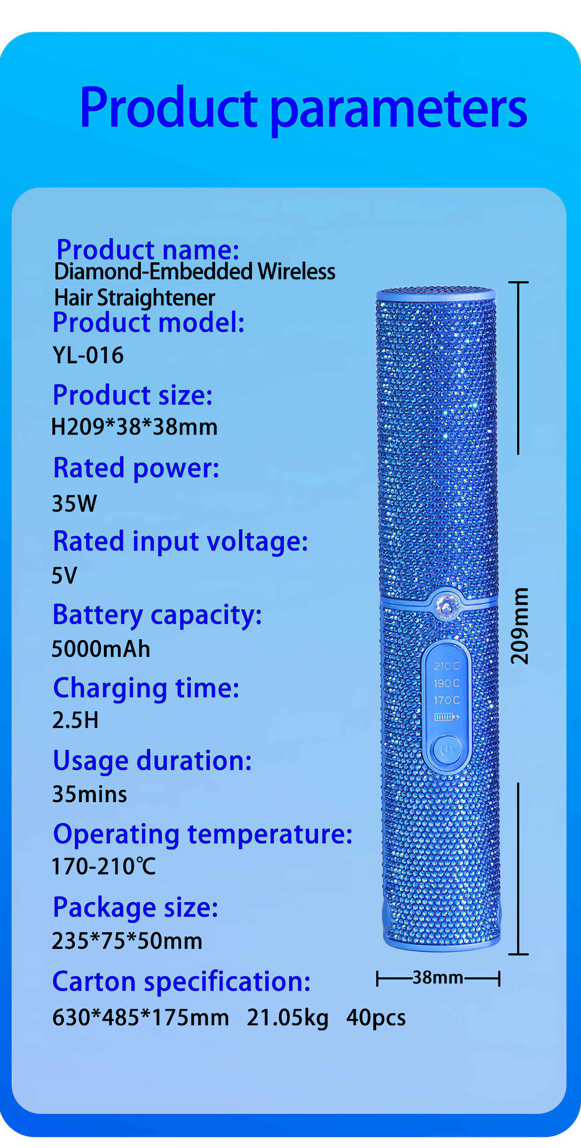 Das Bild zeigt Produktparameter eines diamantbesetzten kabellosen Haarglätters. Es enthält technische Details wie Größe, Leistung, Akku und Temperatur.