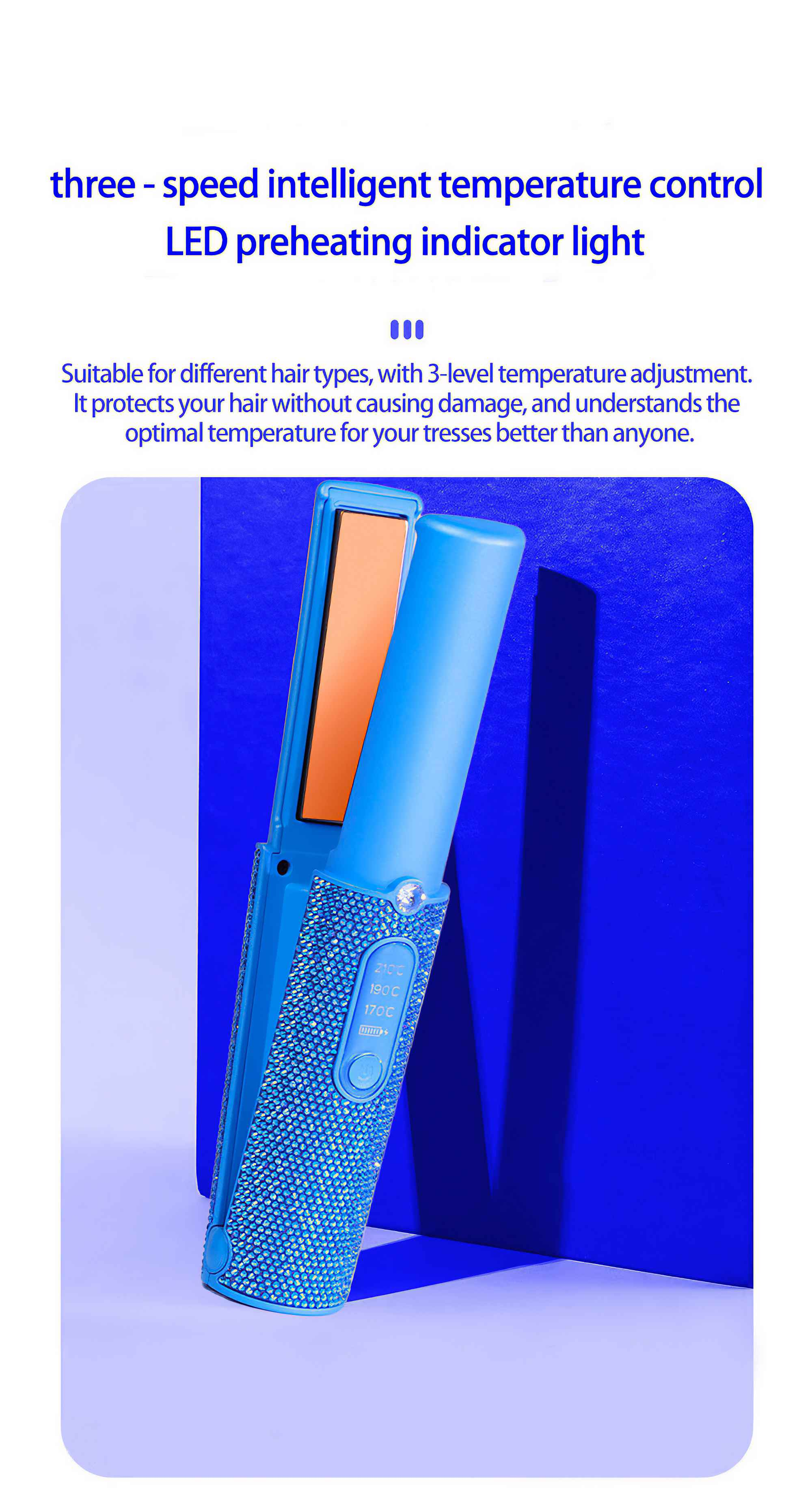 Blauer Haarglätter mit orangefarbenen Heizplatten. Er hat drei Temperatureinstellungen und einen kristallbesetzten Griff auf blauem Hintergrund.