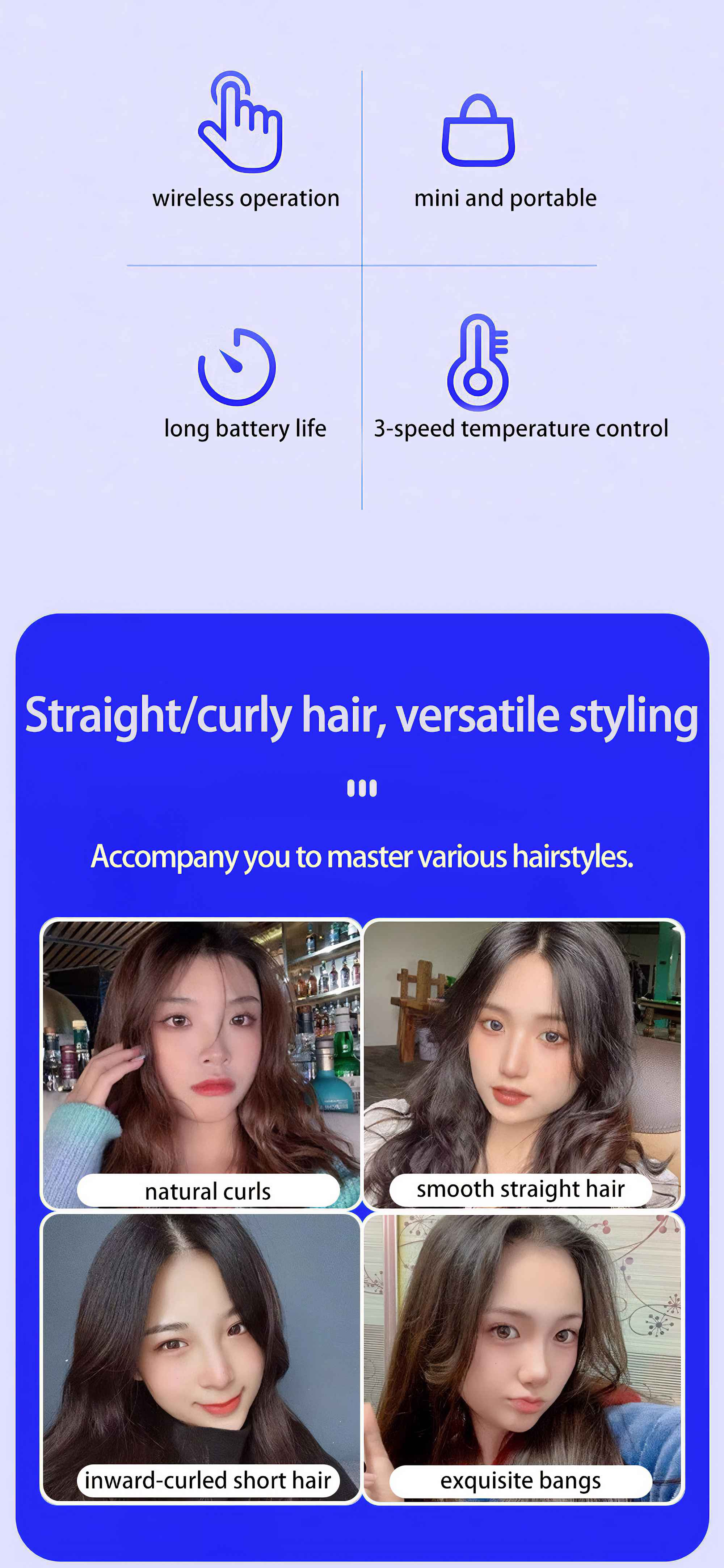 Das Bild zeigt ein Produkt mit Funktionen wie kabelloser Bedienung, Mini-Größe, langer Akkulaufzeit und Temperaturregelung. Es zeigt vier Frisuren.