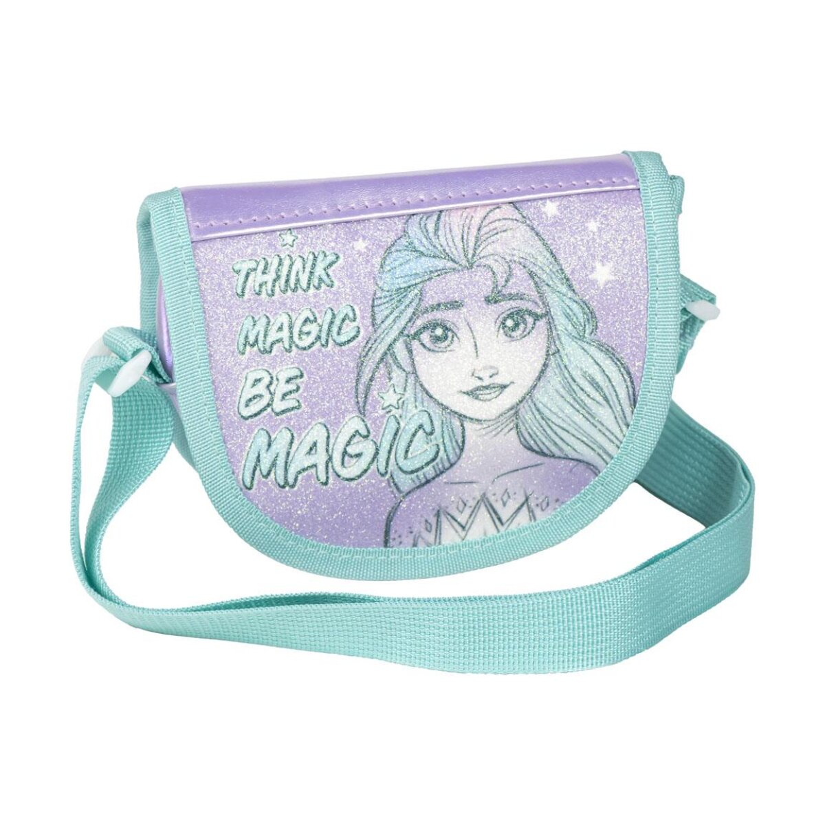 Un pequeño bolso morado con un retrato de Elsa, el texto dice 'Think Magic Be Magic'. Tiene una correa azul y está sobre un fondo blanco.