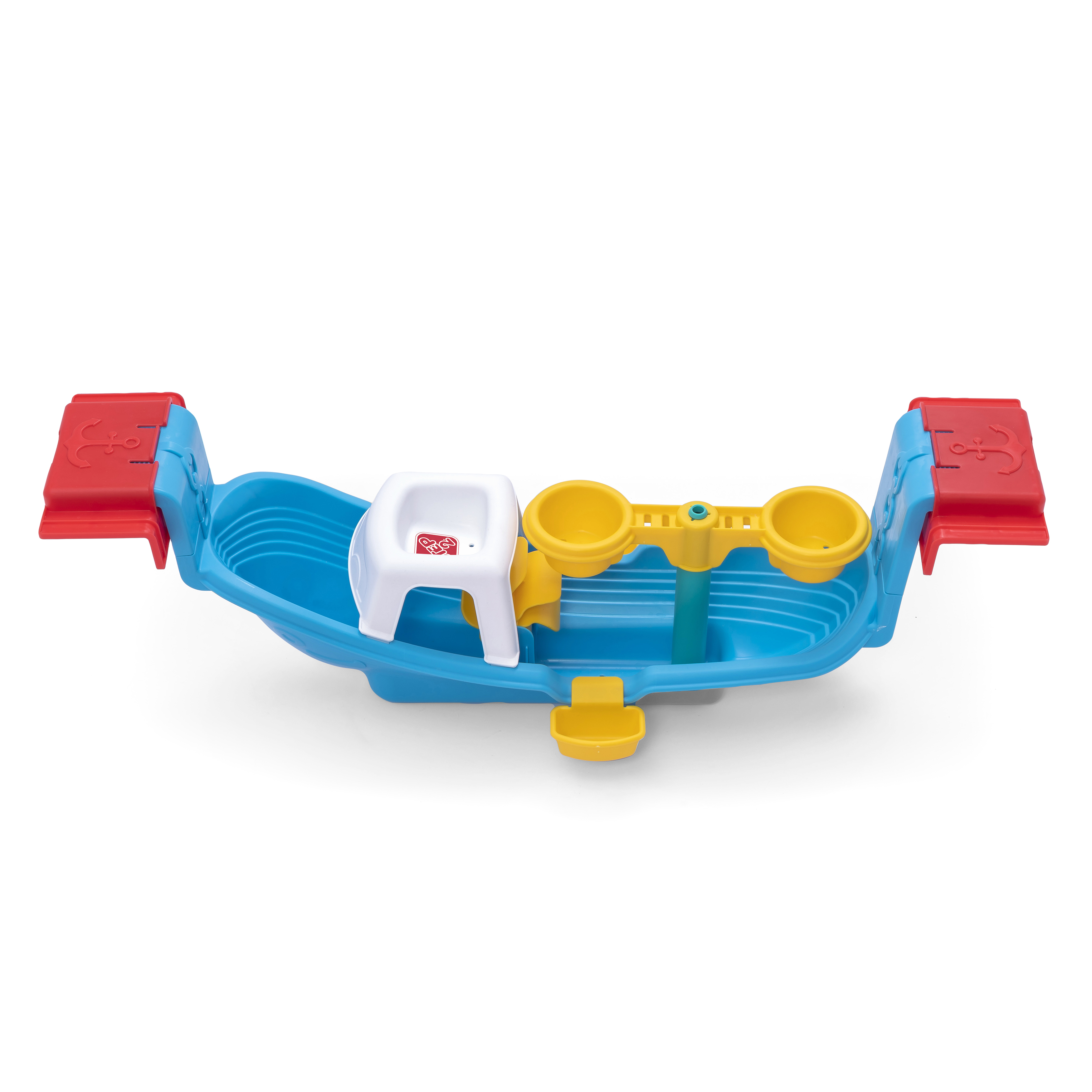 Ein blaues und gelbes Spielzeugboot mit weißem Sitz, gelben Eimern und roten Enden mit Ankerdetails.