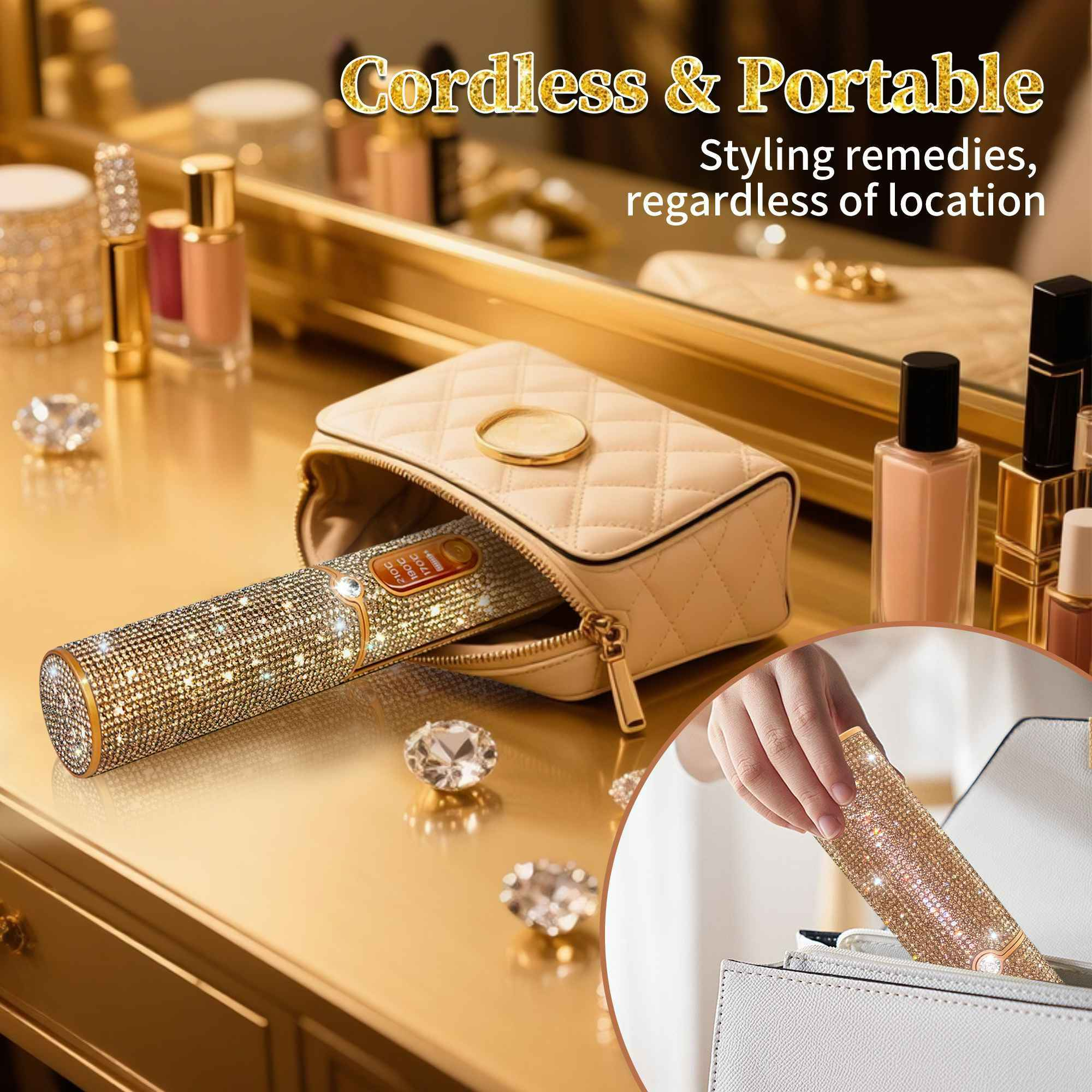 Ein funkelndes, goldfarbenes Haarstyling-Tool befindet sich in einer beigen Tasche. Die Szene umfasst Schönheitsprodukte.