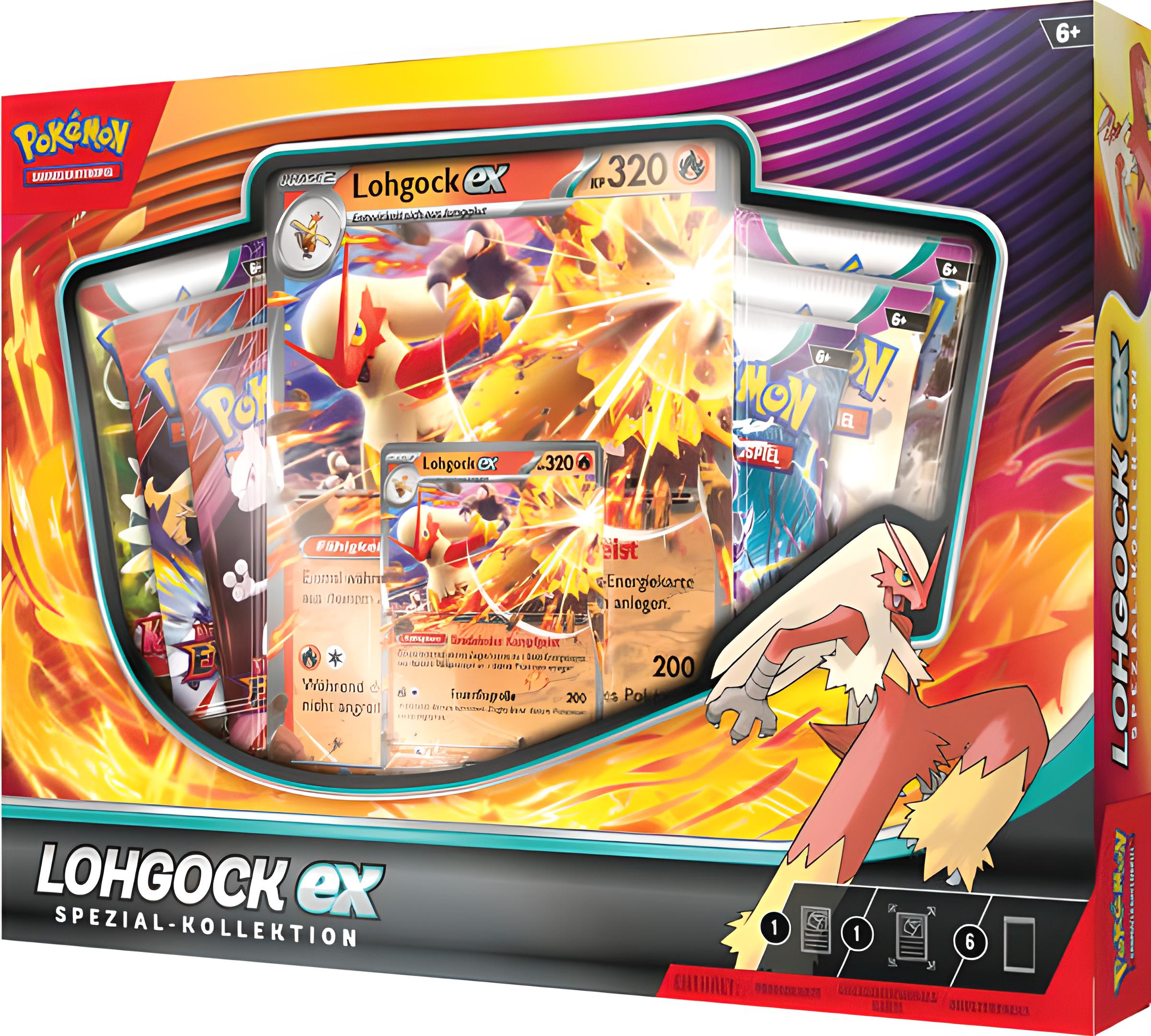 Eine Pokémon-Sammelkartenschachtel. Sie zeigt einen Blaziken-Charakter. Die Box ist orange, rot und gelb.