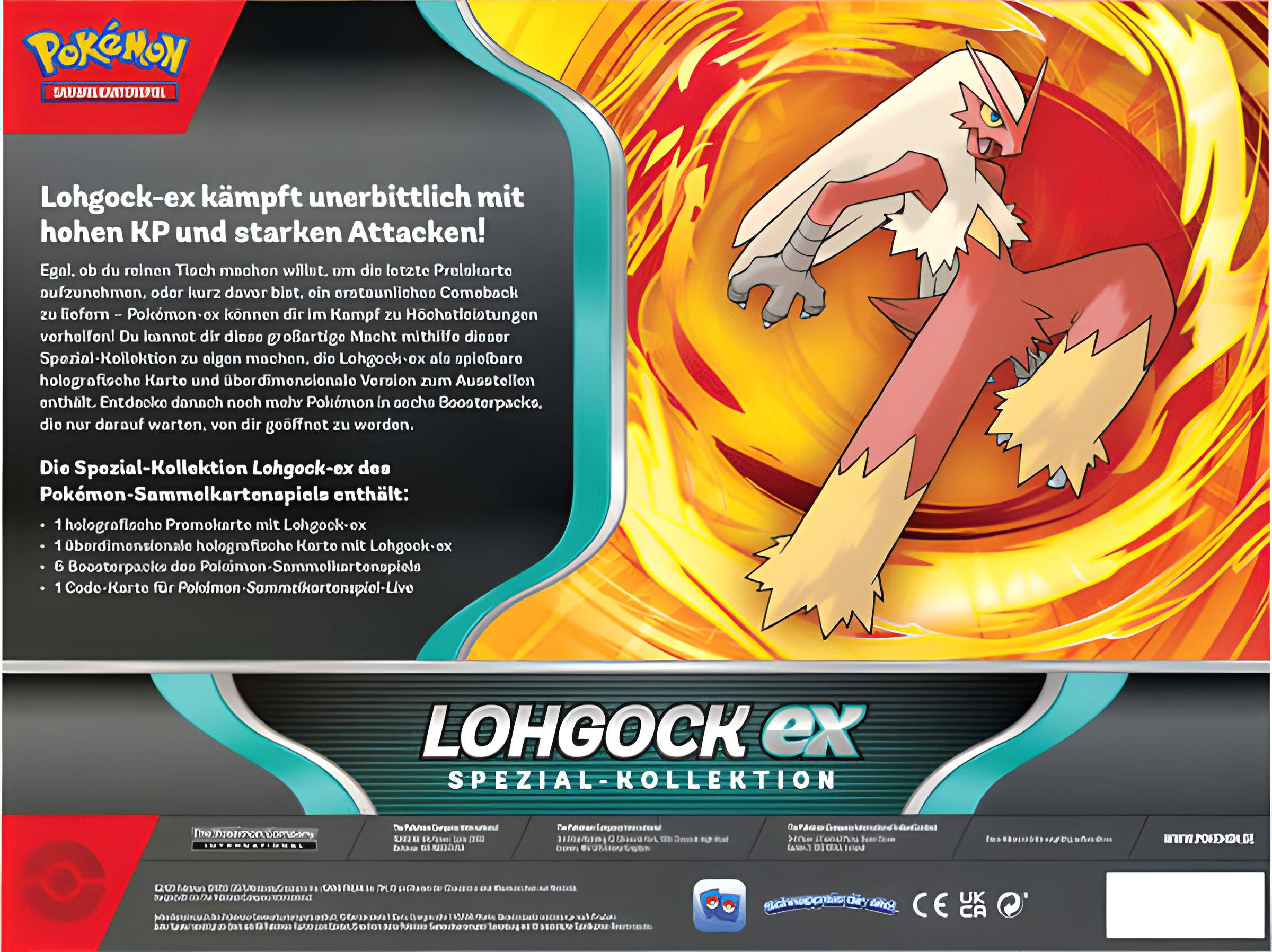 Illustration von Blaziken auf einer Karte. Roter, orangefarbener und gelber feuerartiger Hintergrund. Text auf Deutsch.