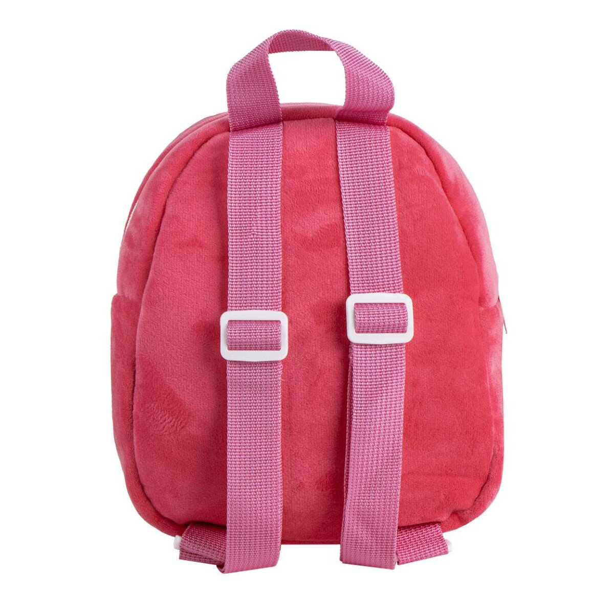 Ein pinkfarbener Rucksack mit zwei Schultergurten und einem Griff. Weiße Schnallen an den Gurten. Der Hintergrund ist weiß.
