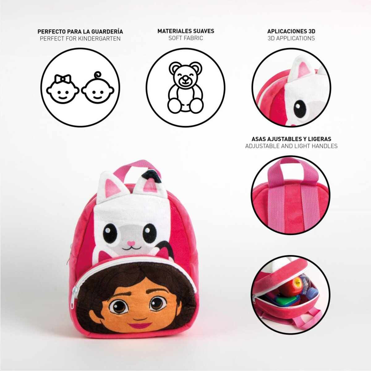 Rosafarbener Rucksack mit einem Cartoon-Katzen-Gesicht, Doras Gesicht und verstellbaren Trägern. Er hat einen Reißverschluss, einen Griff und 3D-Applikationen.