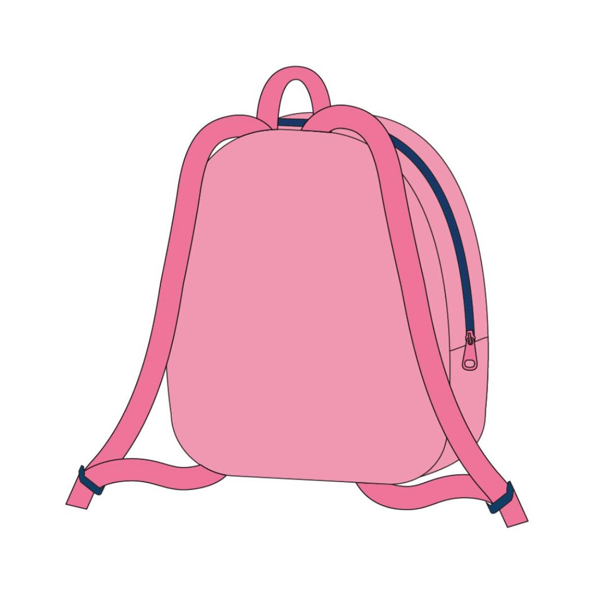 Ein rosa Rucksack mit blauem Reißverschluss und Trägern. Die Träger sind unten mit blauen Verschlüssen befestigt. Der Hintergrund ist weiß.