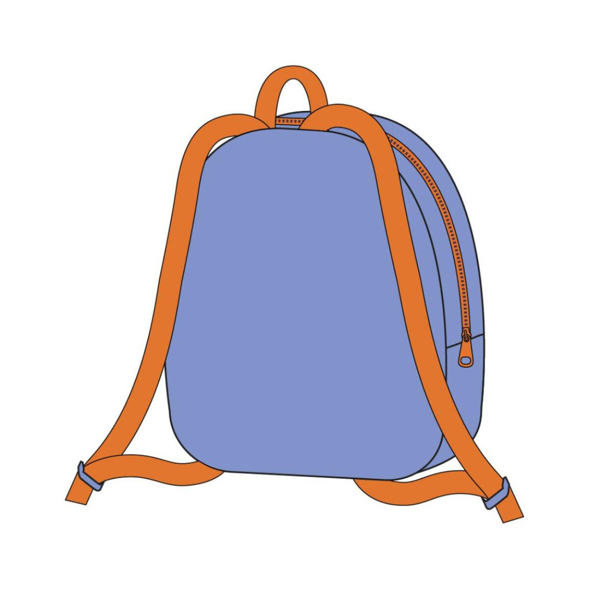 Una mochila azul con correas y cremallera naranja se muestra sobre un fondo blanco. La mochila tiene forma curva y un asa superior.