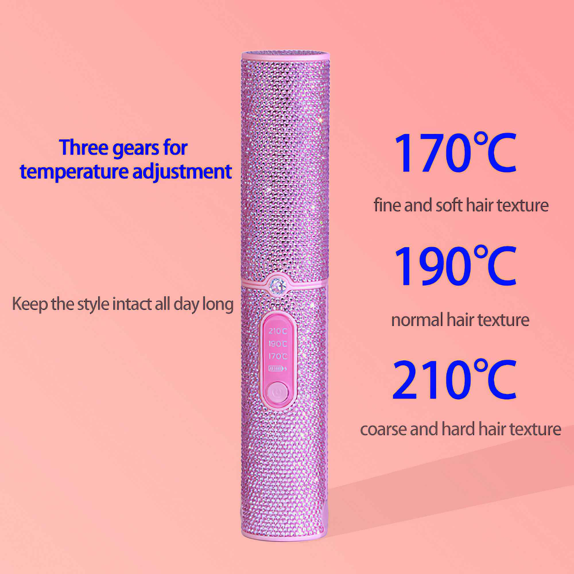Ein rosa Haarstyler mit Temperatureinstellungen: 170, 190 und 210 Grad Celsius. Es hat eine Juwelenoberfläche und einen rosa Hintergrund.