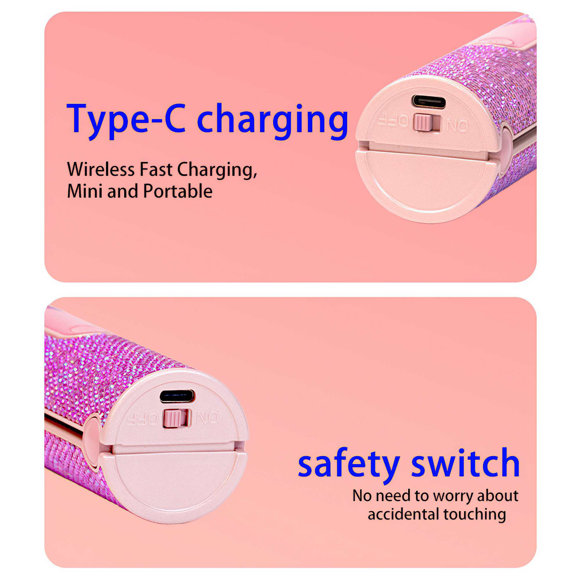 Rosa-violettes Gerät mit Typ-C-Ladeanschluss, beschriftet mit 'OFF' und 'ON'. Text: Wireless Fast Charging, Mini und Portable.