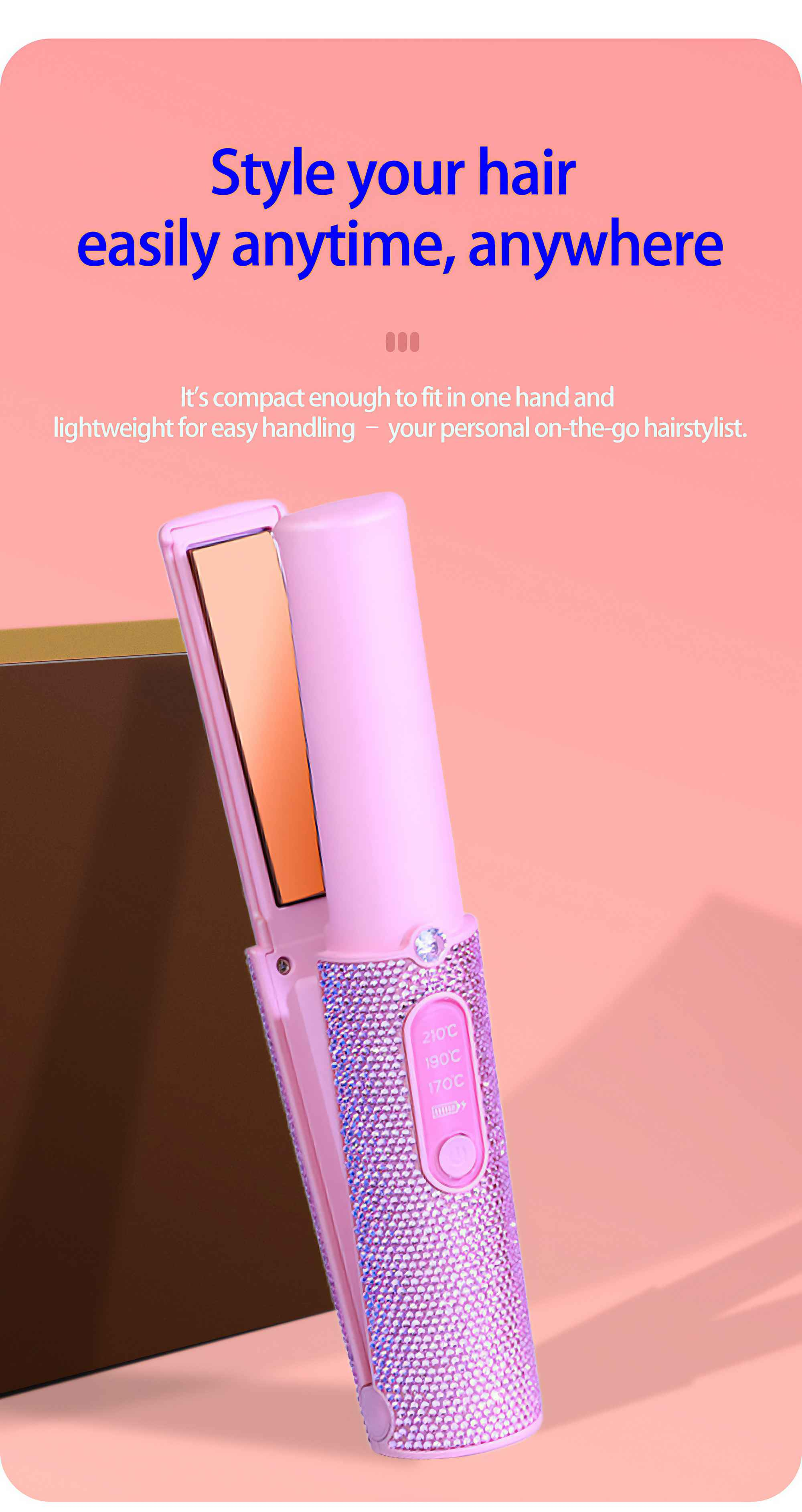 Rosa Haarglätter mit Kristallverzierungen. Es hat Temperatureinstellungen und befindet sich auf einem rosa Hintergrund. Text sagt 'Style your hair easily'.