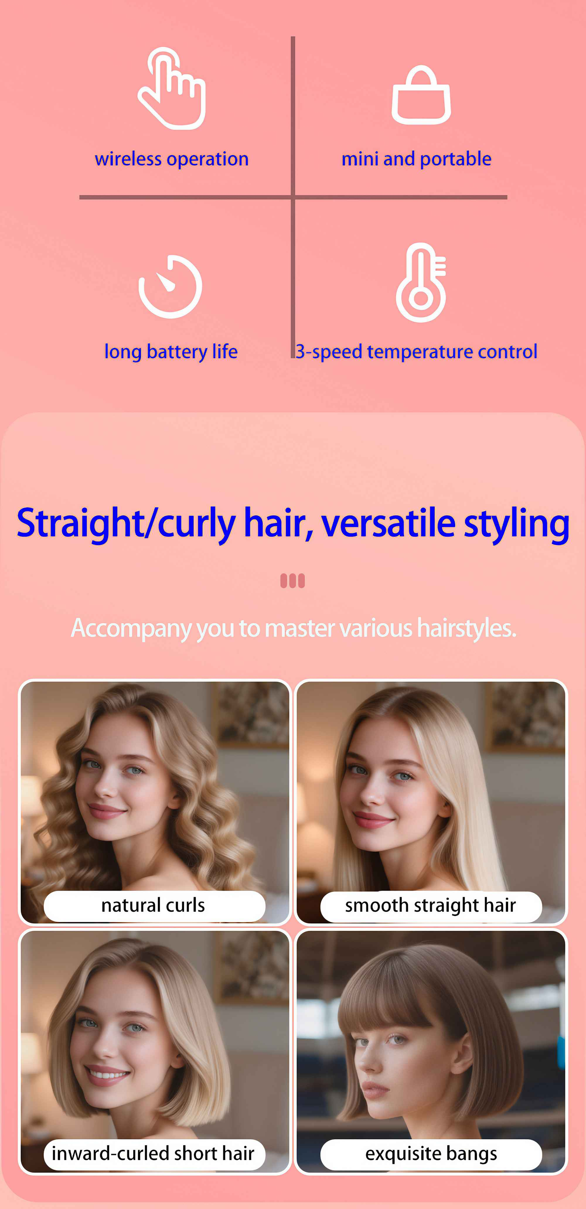 Werbung für ein Haarstyling-Tool. Es hebt Funktionen wie kabellose Bedienung und verschiedene Frisuren hervor: Locken, glattes, kurzes Haar und Pony.