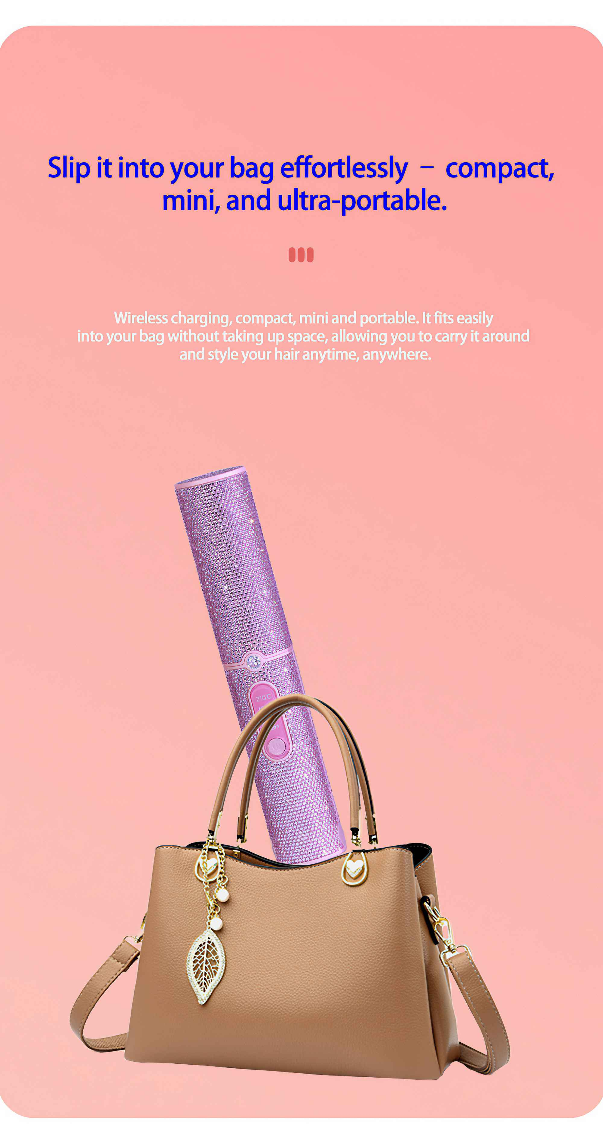 Ein pinkfarbener Lockenstab wird in der Nähe einer braunen Handtasche gehalten. Der Hintergrund ist rosa, mit Text über Portabilität.