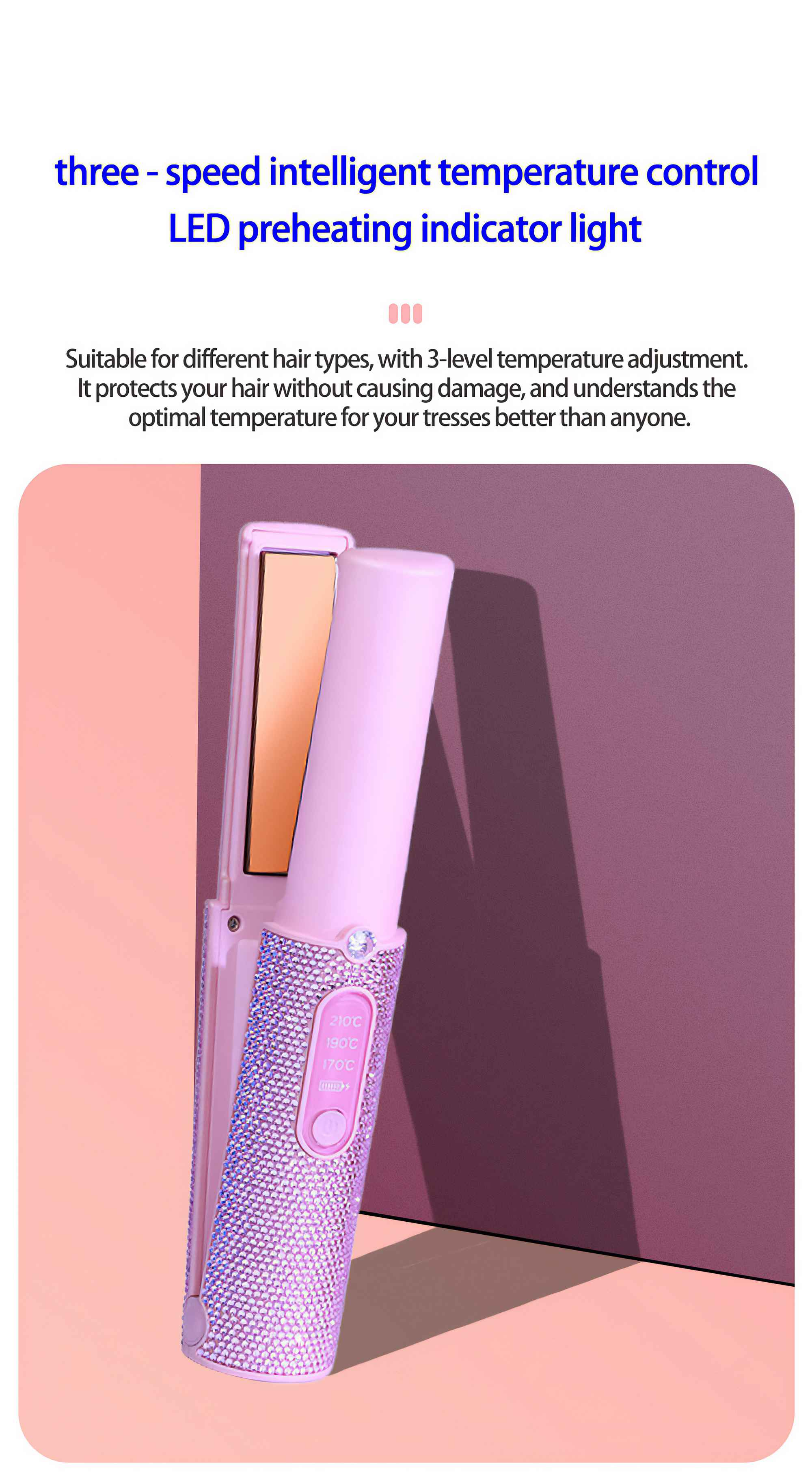 Ein pinkfarbenes Glätteisen mit einem juwelenbesetzten Griff. Es hat Temperatureinstellungen und befindet sich auf einem rosafarbenen Hintergrund.