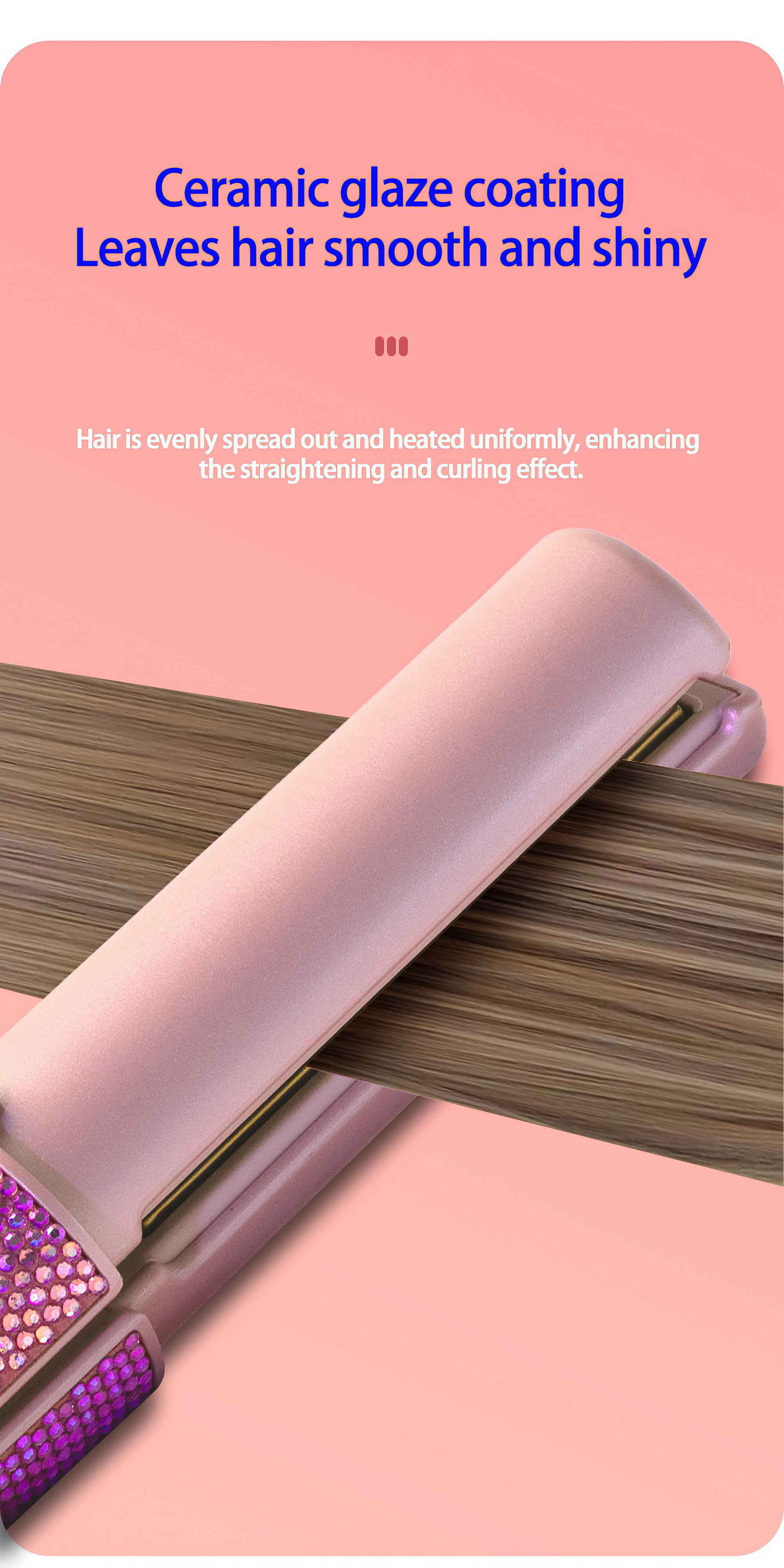 Ein pinkfarbener Haarglätter mit braunen Haarsträhnen auf pinkfarbenem Hintergrund. Text erwähnt Keramikbeschichtung.