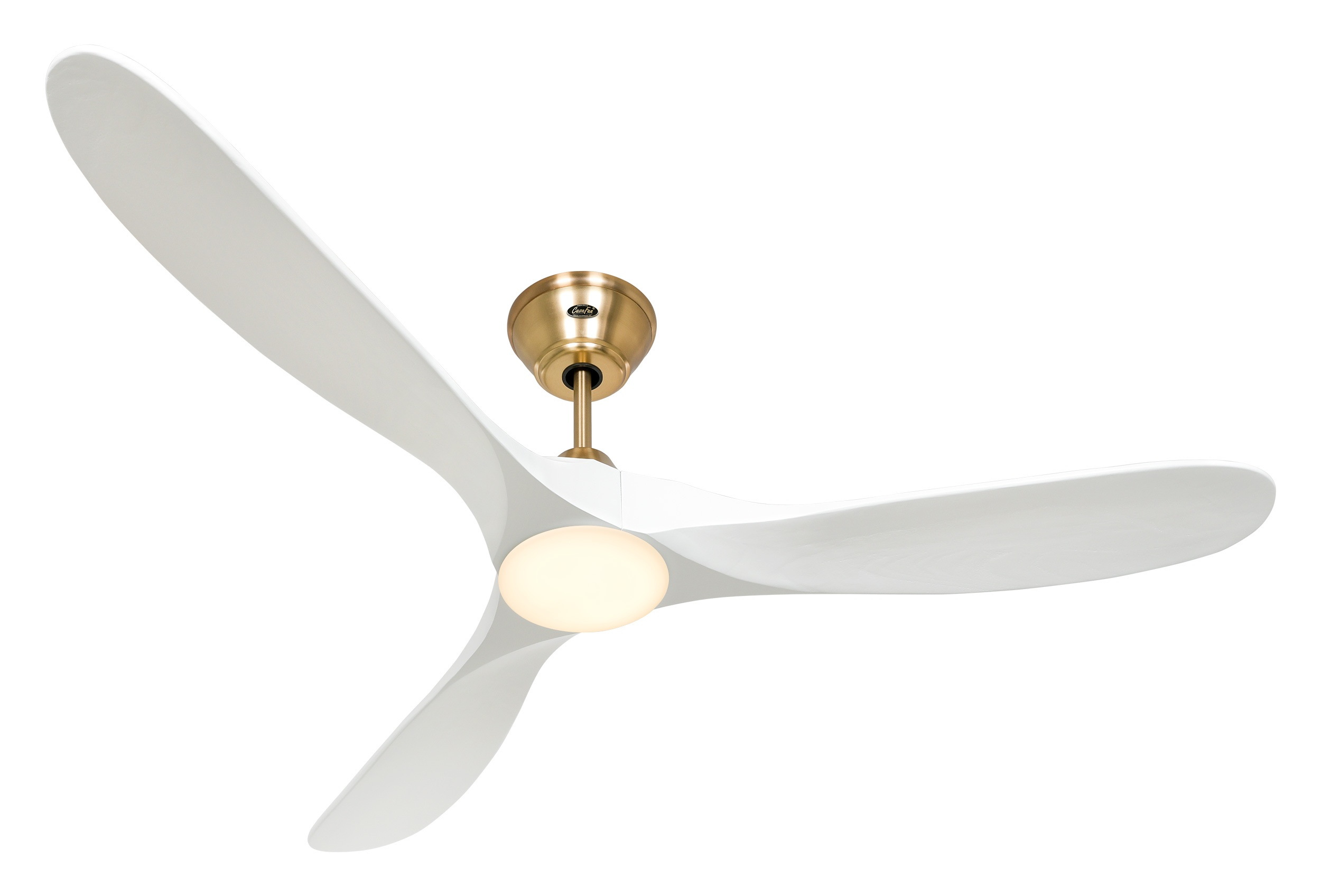 Un ventilatore da soffitto bianco con tre pale e un alloggiamento motore dorato, il tutto su sfondo bianco.