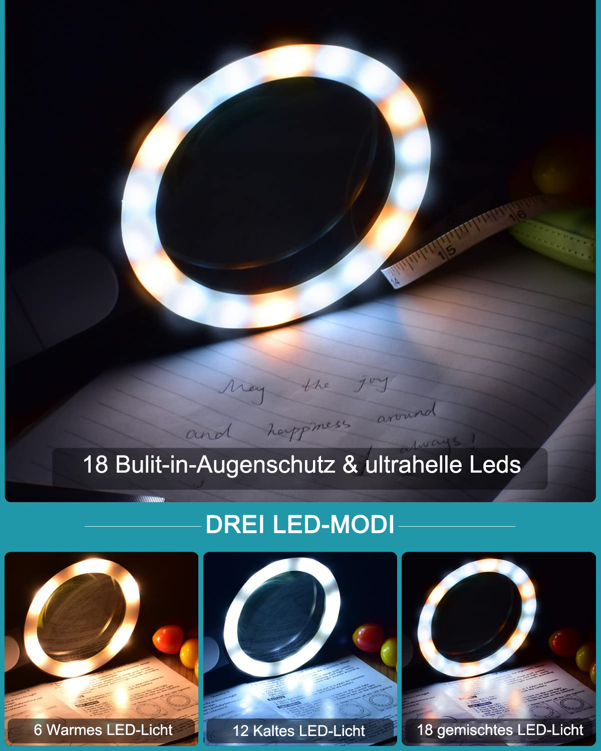 Ein Ringlicht mit weißem und gelbem Schein. Notizbuch mit Schrift, Maßband und Text auf Deutsch sind sichtbar.