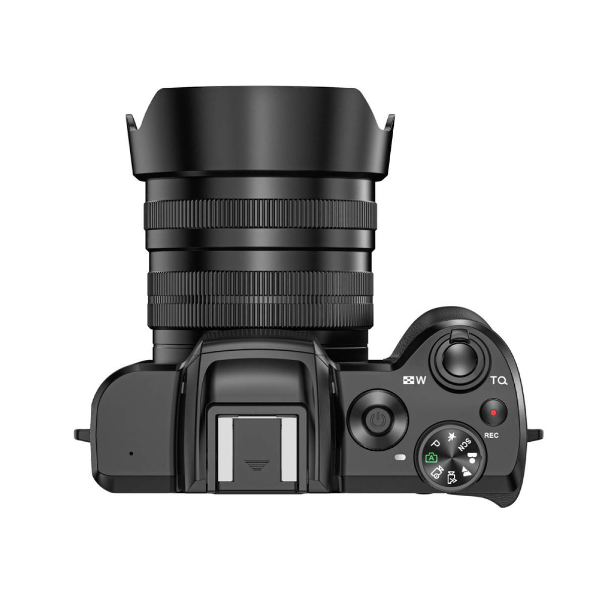 Widok z góry na czarny aparat z obiektywem. Widoczne są różne przyciski i pokrętła. Tło jest jednolicie białe.