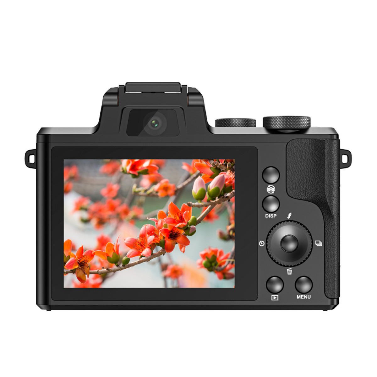Czarny tył aparatu wyświetlający zdjęcie czerwonych kwiatów na gałęzi. Widoczne przyciski i pokrętła. Tło białe.
