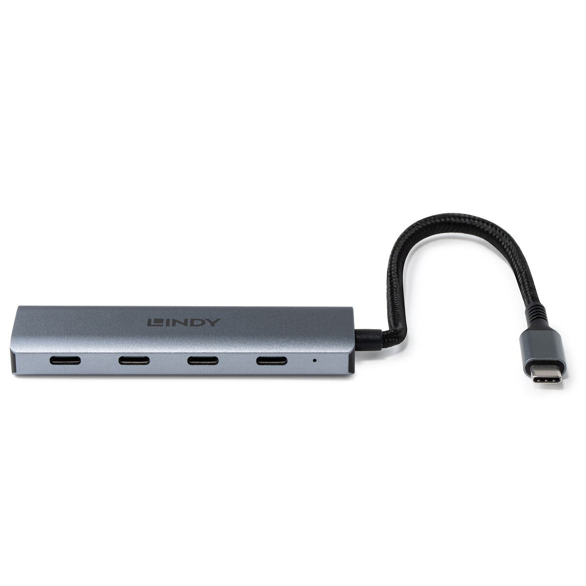Grauer LINDY USB-C-Hub mit mehreren Anschlüssen und einem schwarzen Kabel. Auf weißem Hintergrund.