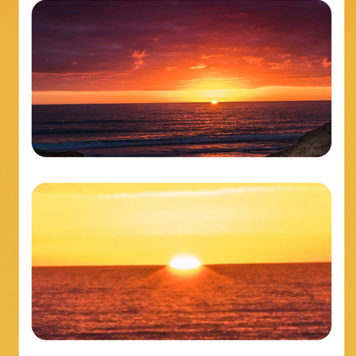 Sonnenuntergang über dem Meer. Oben: oranger Himmel, Wellen. Unten: Sonne am Horizont, orangefarbenes Meer.