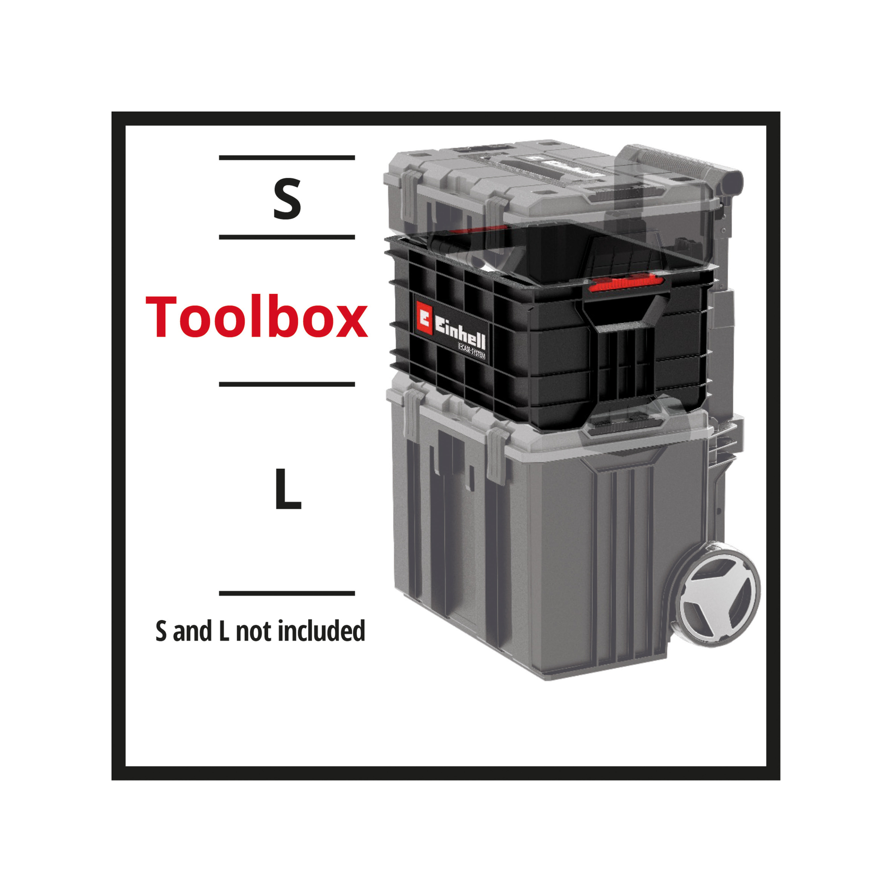 Ein Werkzeugkastensystem mit gestapelten, grauen und schwarzen Behältern. Es hat einen roten Griff und Räder. Der Text 'Toolbox' ist rot.