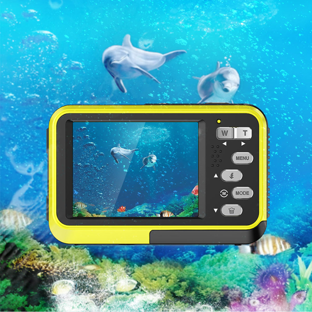 Gelbe Unterwasserkamera zeigt Delfine und Fische unter Wasser. Delfine schwimmen oben. Die Kamera hat Knöpfe und einen Bildschirm.