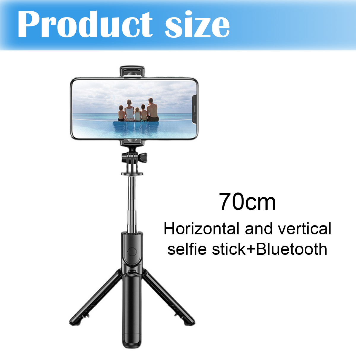 Schwarzer Selfie-Stick mit einem Telefon, das eine Familie am Pool zeigt. Text: 70cm, horizontal/vertikal, Bluetooth.