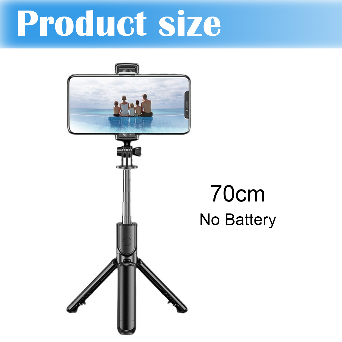 Schwarzer Selfie-Stick mit Telefon, das eine Familie am Pool zeigt, auf weißem Hintergrund. Text: Produktgröße, 70 cm, keine Batterie.