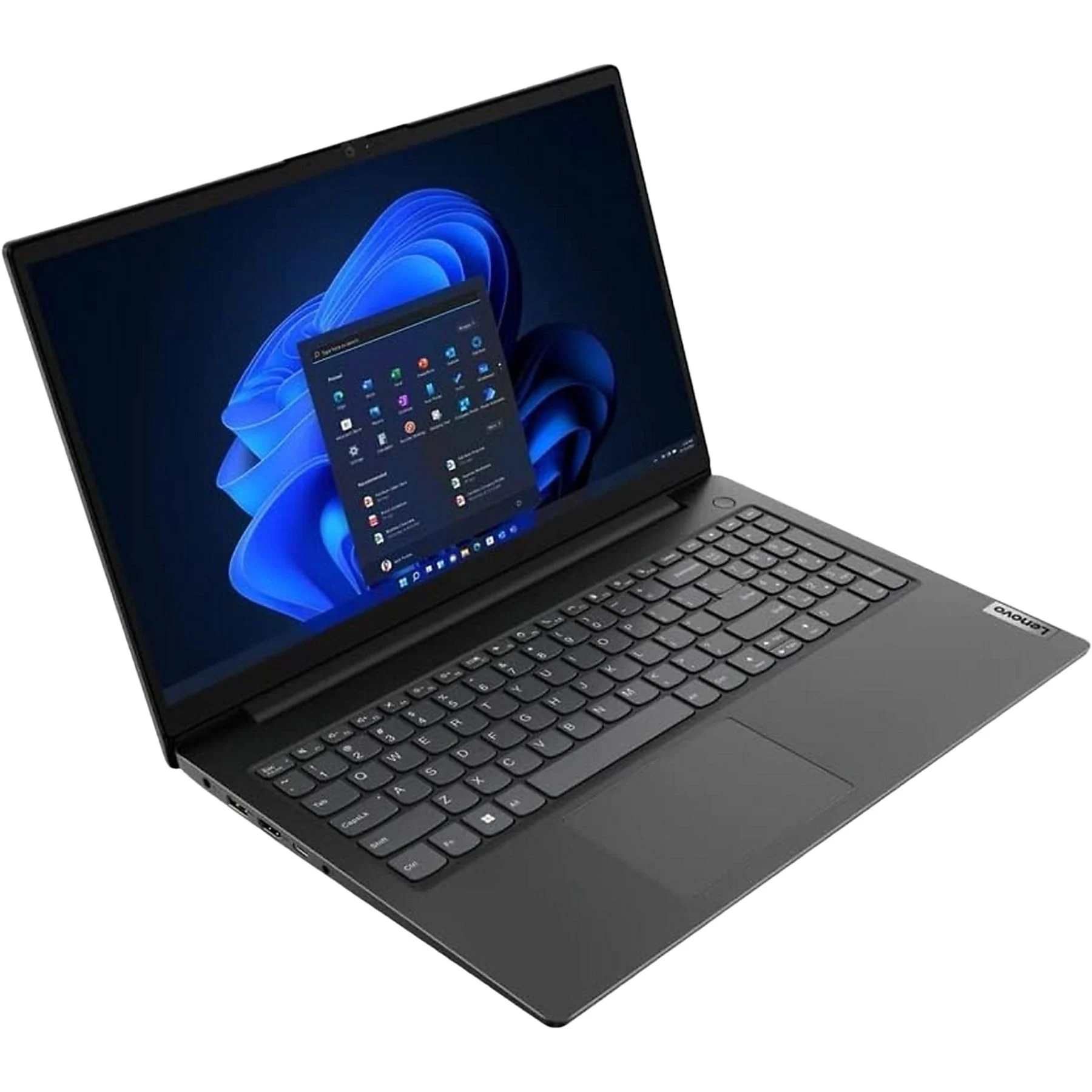 Schwarzer Lenovo-Laptop auf weißer Oberfläche, zeigt einen dunkelblauen Windows-Hintergrund mit einem App-Fenster.