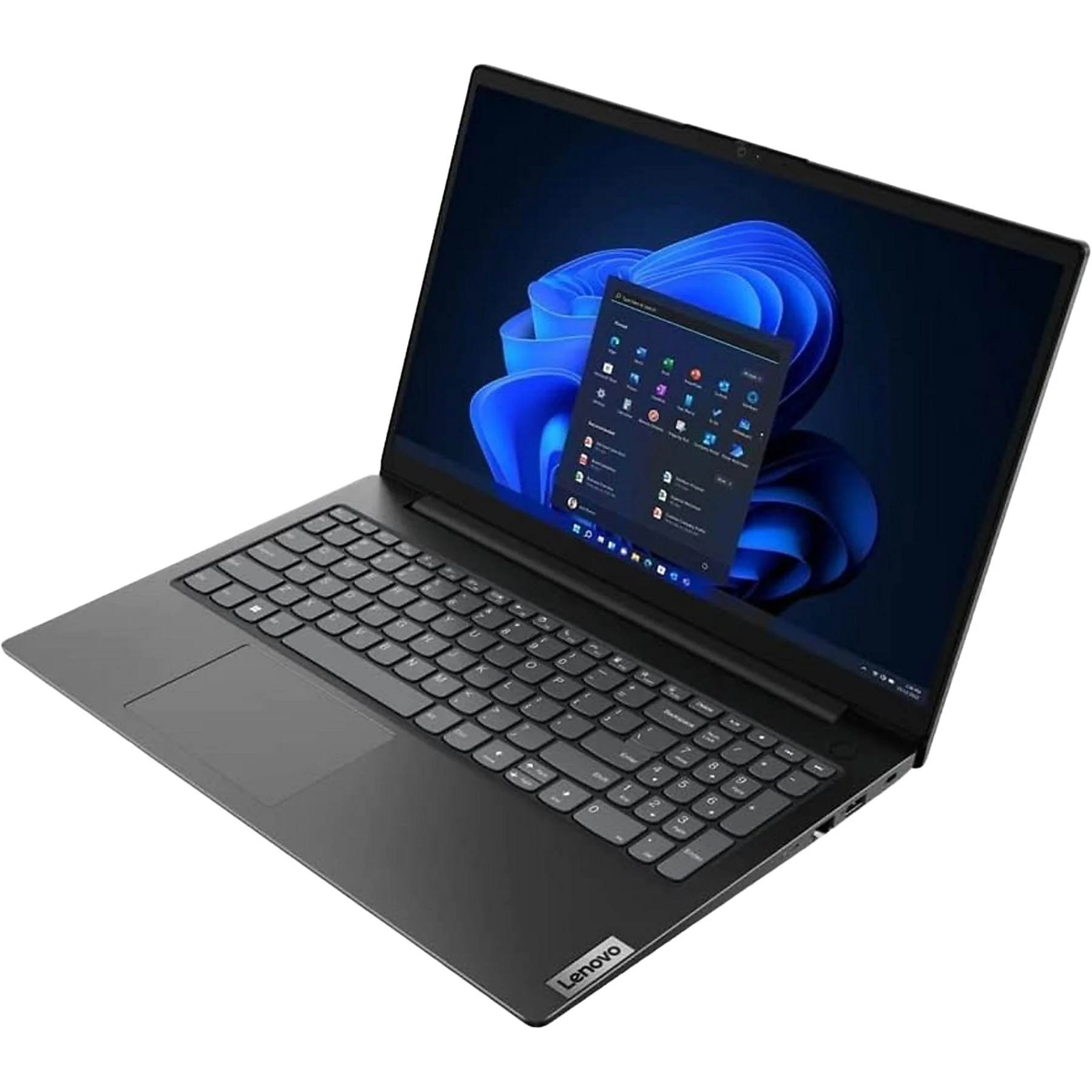 Ein Lenovo-Laptop ist geöffnet und zeigt eine Windows 11-Oberfläche. Der Bildschirm zeigt einen blauen Hintergrund mit App-Symbolen.