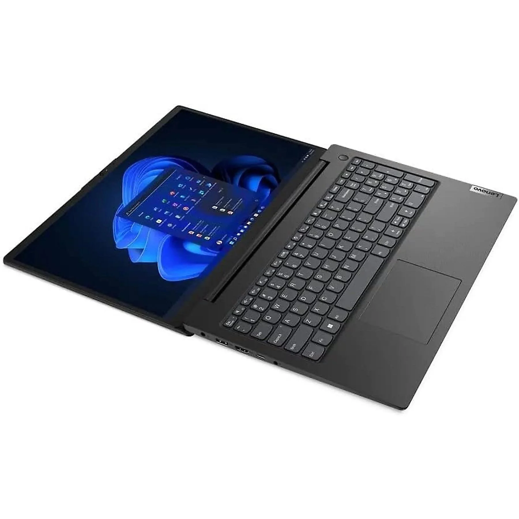 Ein schwarzer Lenovo-Laptop ist geöffnet. Der Bildschirm zeigt eine Windows-Oberfläche. Die Tastatur ist sichtbar. Der Hintergrund ist weiß.