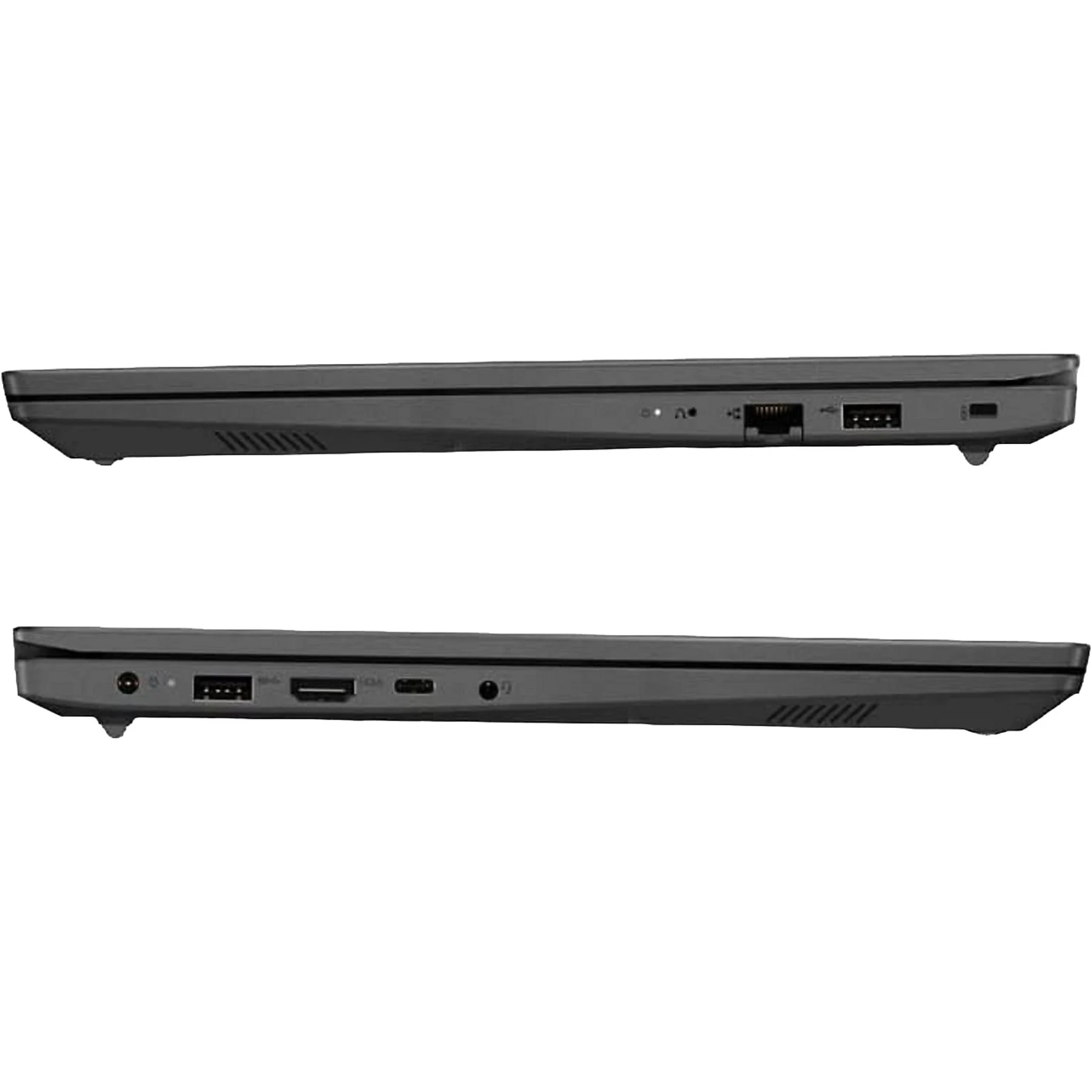 Zwei dunkelgraue Laptops, Seitenansicht, mit Anschlüssen und Lüftungsschlitzen. Einer mit Netzwerkanschluss. Der andere mit USB und HDMI.