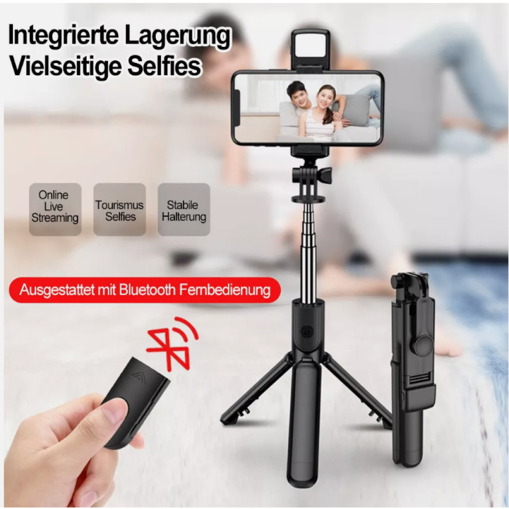 Ein Selfie-Stick mit Telefon, das ein Paar zeigt. Eine Fernbedienung wird in der Hand gehalten. Text erwähnt Bluetooth und Funktionen.