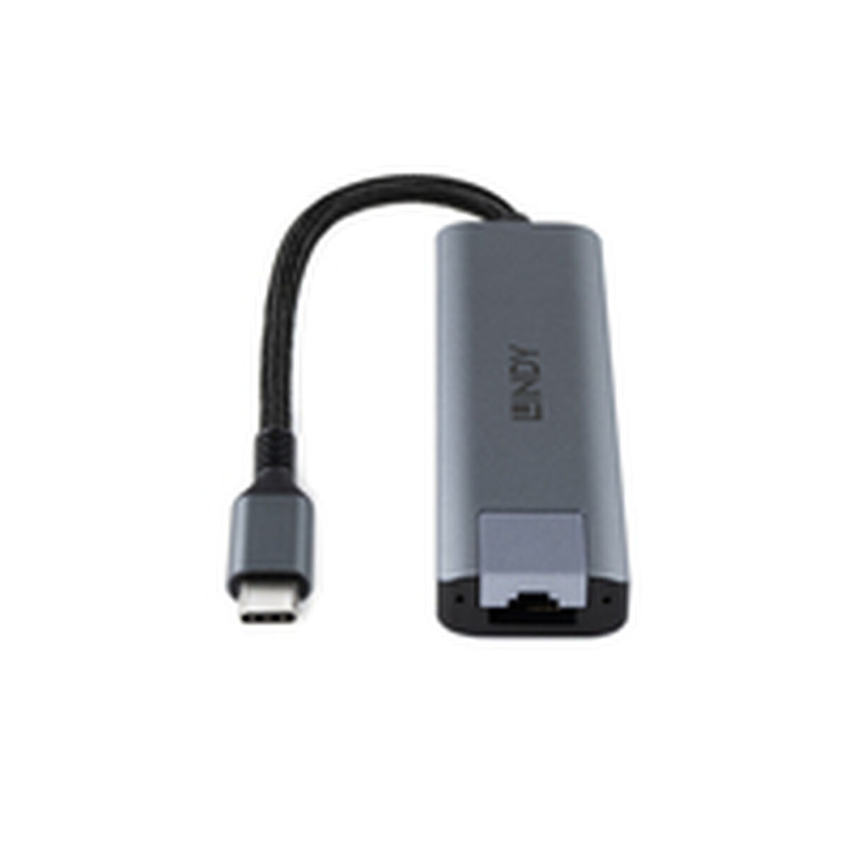 Ein grauer LINDY-Adapter mit schwarzem Kabel auf weißem Hintergrund. Der Adapter hat einen USB-C-Anschluss und einen Ethernet-Anschluss.