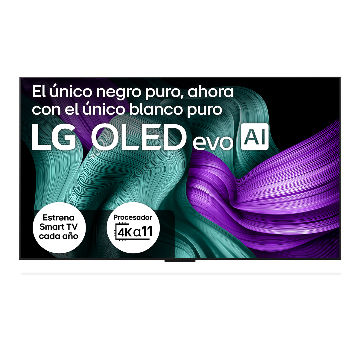 Reklama telewizora LG OLED evo. Zawiera tekst i grafikę na czarnym tle. Ekran wyświetla wirujące wzory w kolorze turkusowym i fioletowym.