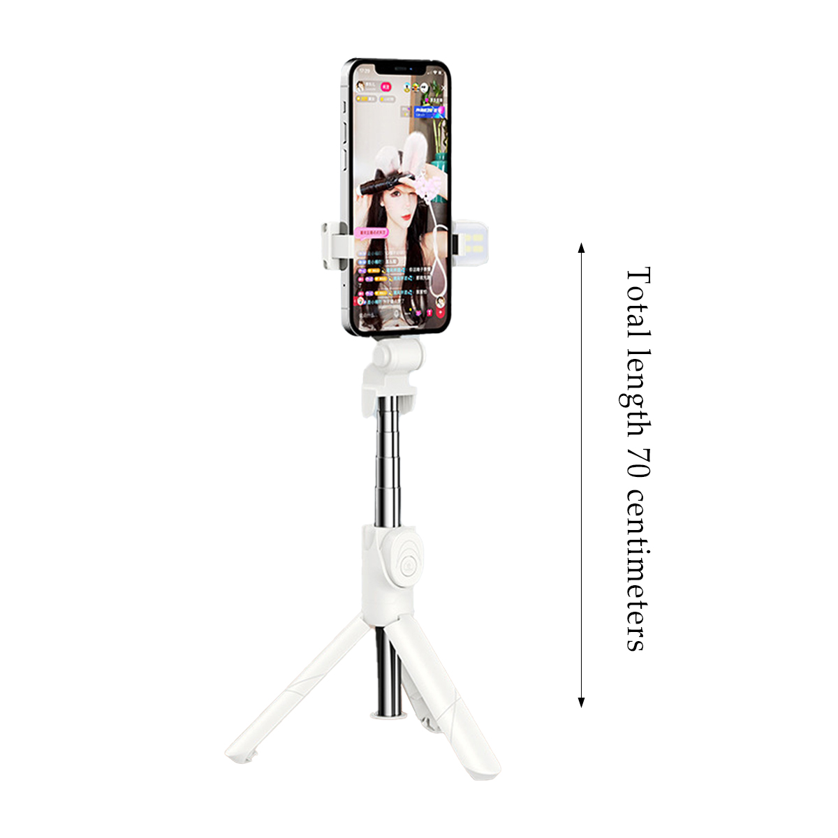 Ein Smartphone ist auf einem weißen Stativ montiert und zeigt ein Live-Video einer Frau. Die Gesamtlänge beträgt 70 Zentimeter.