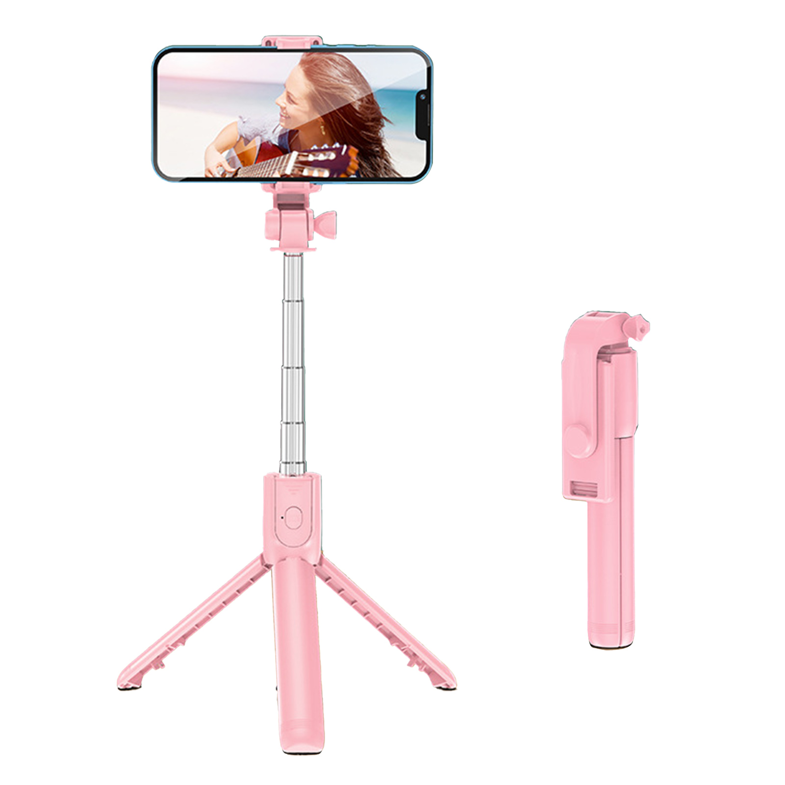 Ein rosa Selfie-Stick mit einem Telefon, das eine Gitarre spielende Frau zeigt. Ein zusätzlicher zusammengeklappter Stick ist ebenfalls abgebildet.