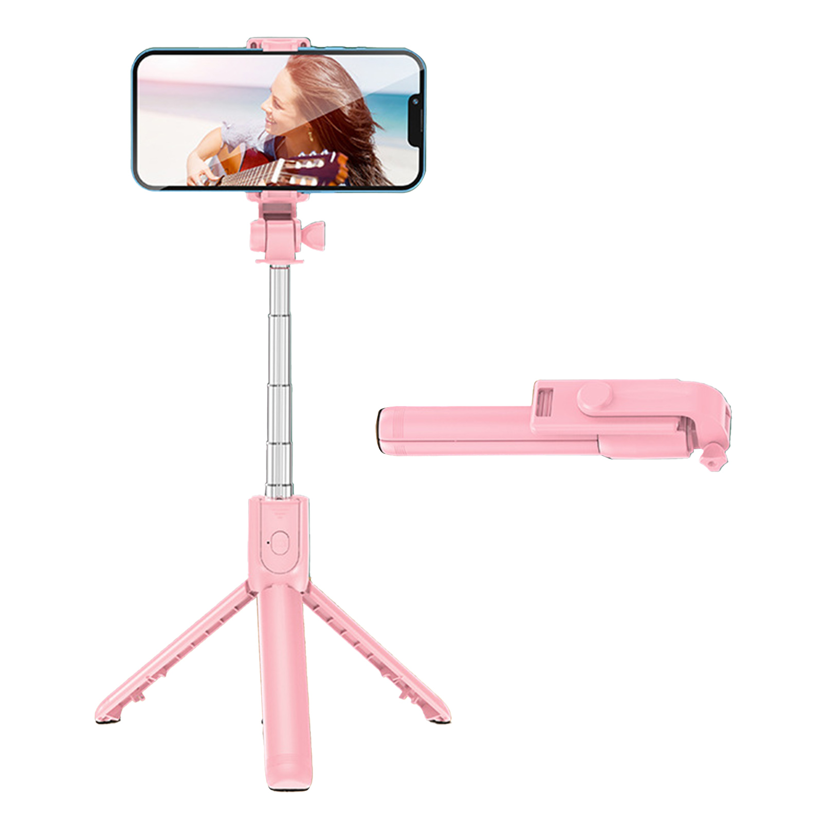 Rosa Selfie-Stick-Stativ mit Telefon, das eine Gitarre spielende Frau zeigt. Ein separater rosa Griff ist ebenfalls sichtbar.
