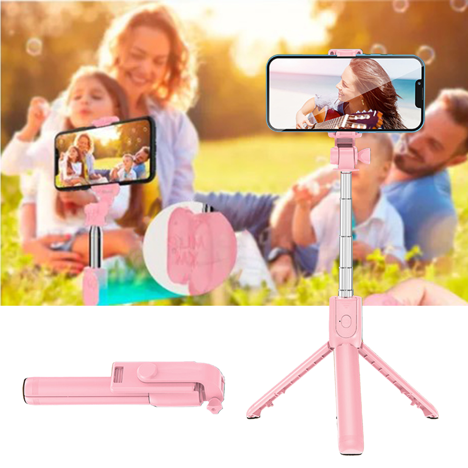 Rosa Selfie-Stick mit drei Beinen und einem Telefon. Im Hintergrund macht eine Familie ein Foto.