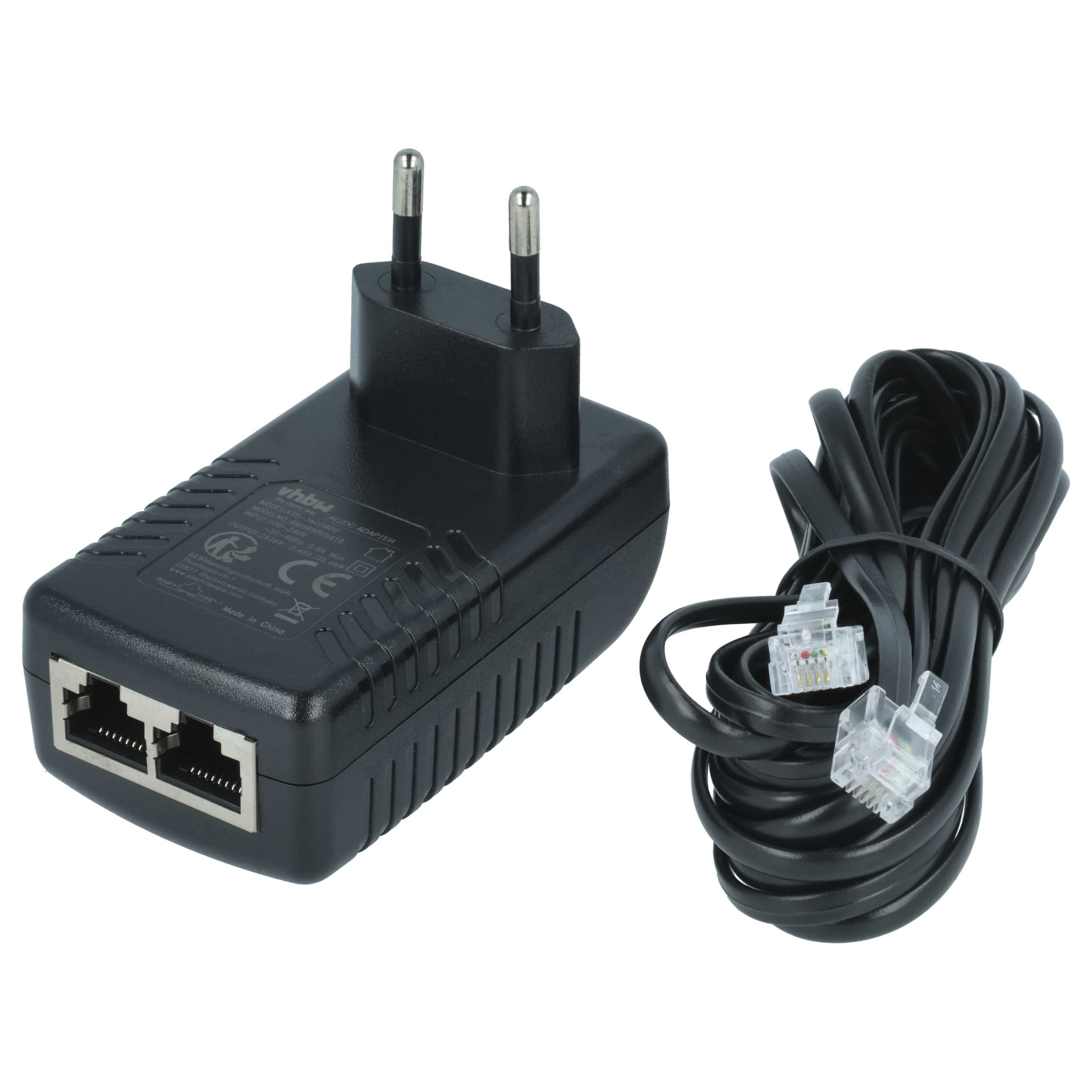Schwarzer AC/DC-Adapter mit Stecker, zwei RJ45-Anschlüssen und einem aufgerollten schwarzen Kabel mit RJ11-Steckern.