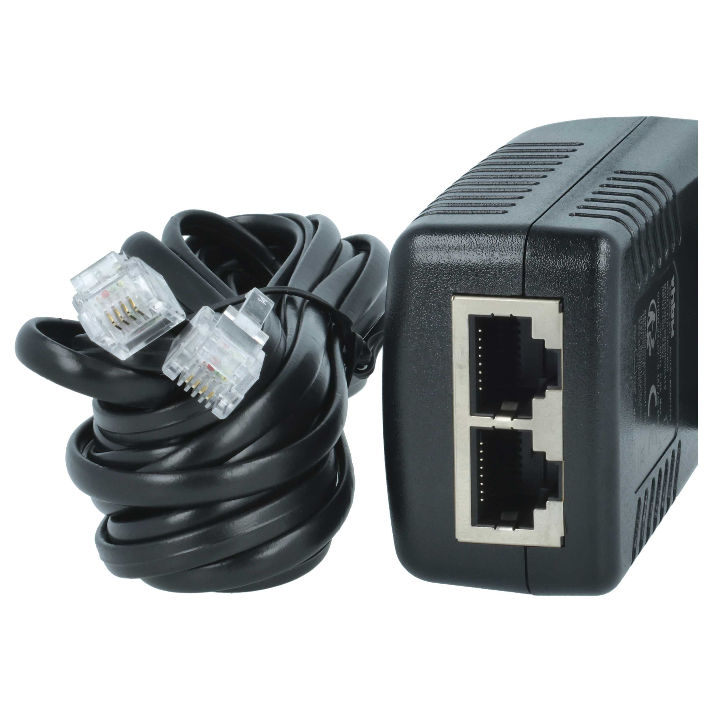 Schwarzes Netzteil mit zwei RJ45-Anschlüssen und RJ11-Kabeln. Klare Stecker und schwarzes Kabel sind sichtbar.