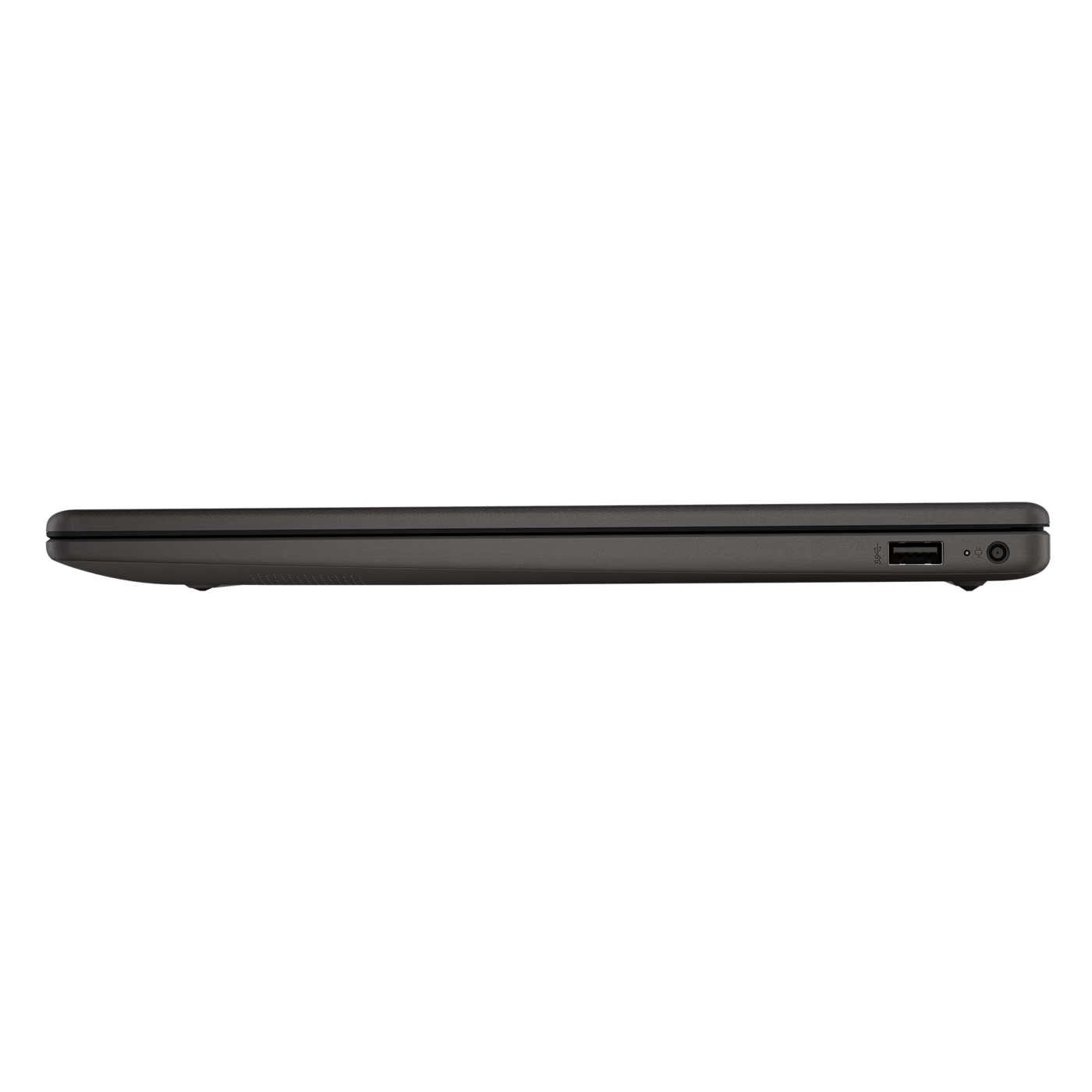 Dunkelgraue Laptop-Seitenansicht. Sichtbar sind USB-Anschlüsse, ein Netzschalter und ein Ladeanschluss.