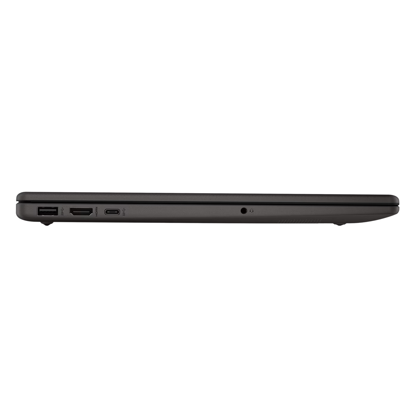 Seitenansicht eines dunkelgrauen Laptops. Sichtbare Anschlüsse sind USB, HDMI und ein Ladeanschluss. Auch eine Kopfhörerbuchse ist sichtbar.